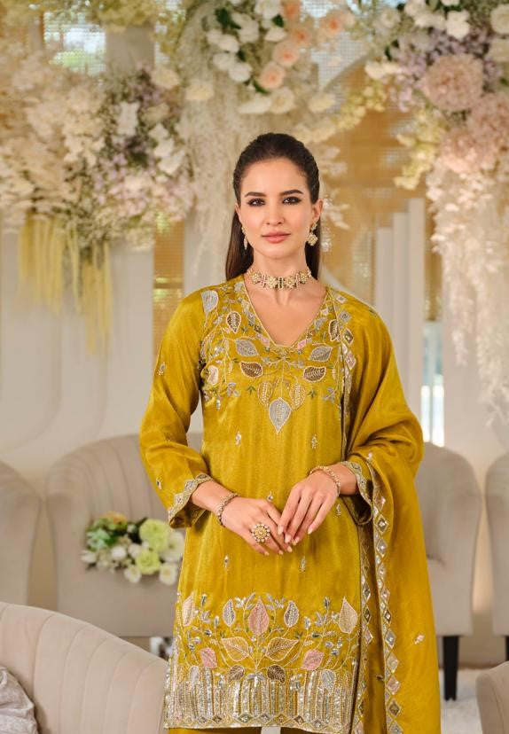 Yellow Roman Silk Embroidered Palazzo Suit Set