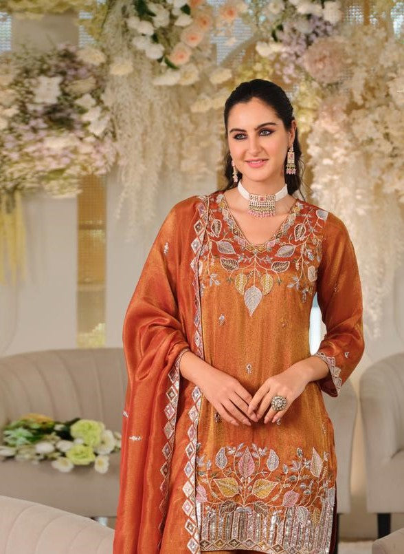 Orange Roman Silk Embroidered Palazzo Suit Set