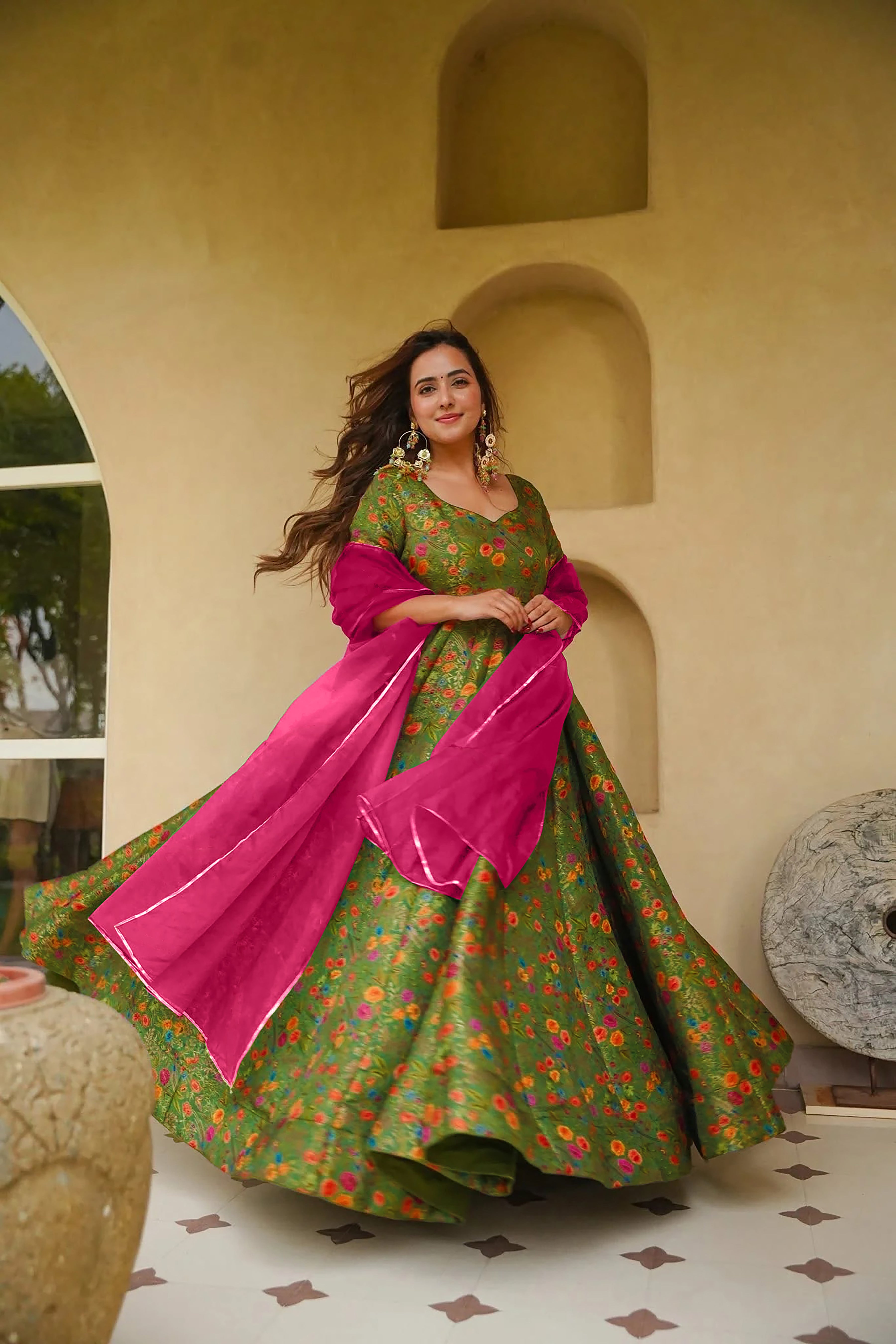 Women's Olive Green Floral Printed Anarkali Gown with Pink Organza Dupatta | Festive Wear
