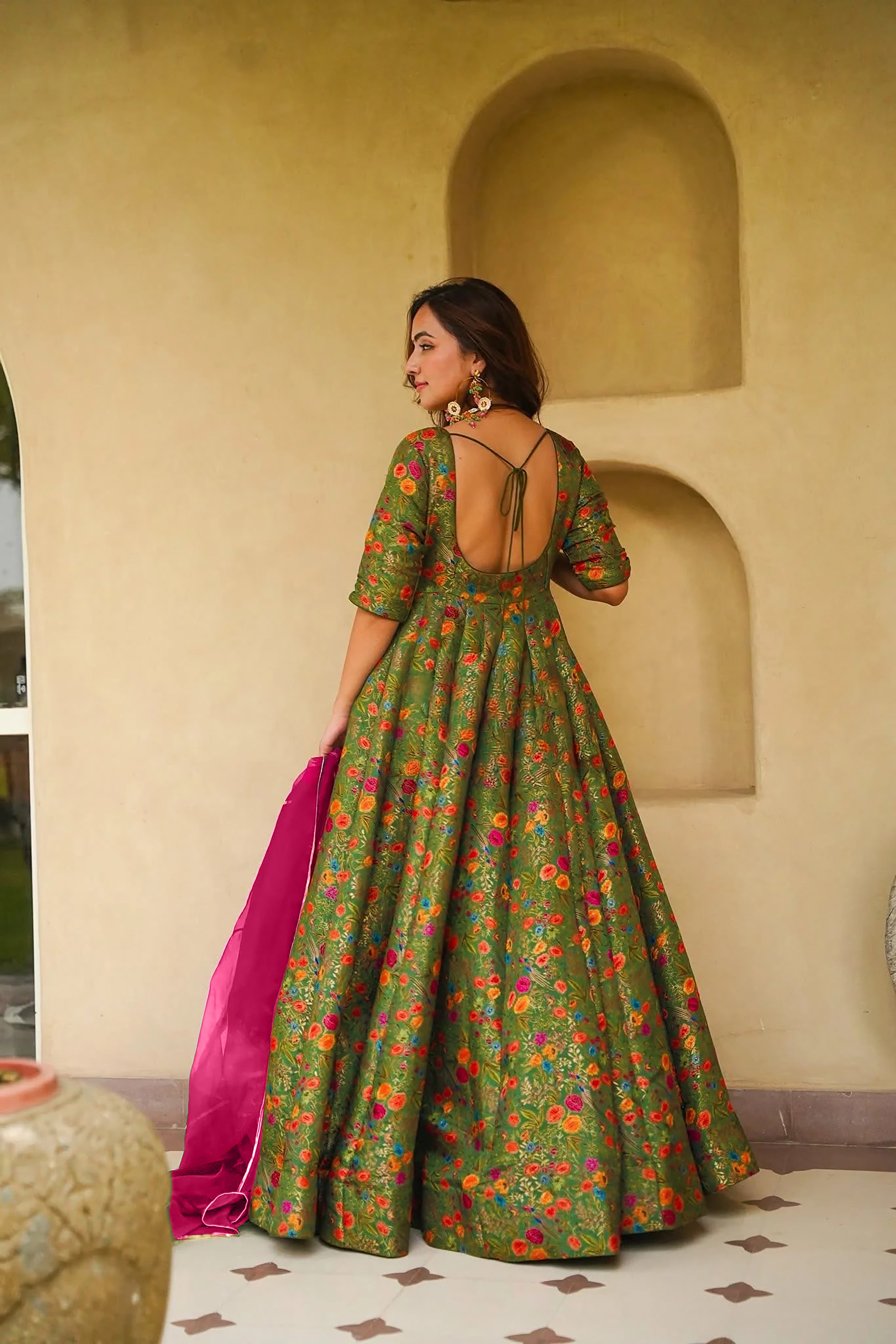 Women's Olive Green Floral Printed Anarkali Gown with Pink Organza Dupatta | Festive Wear