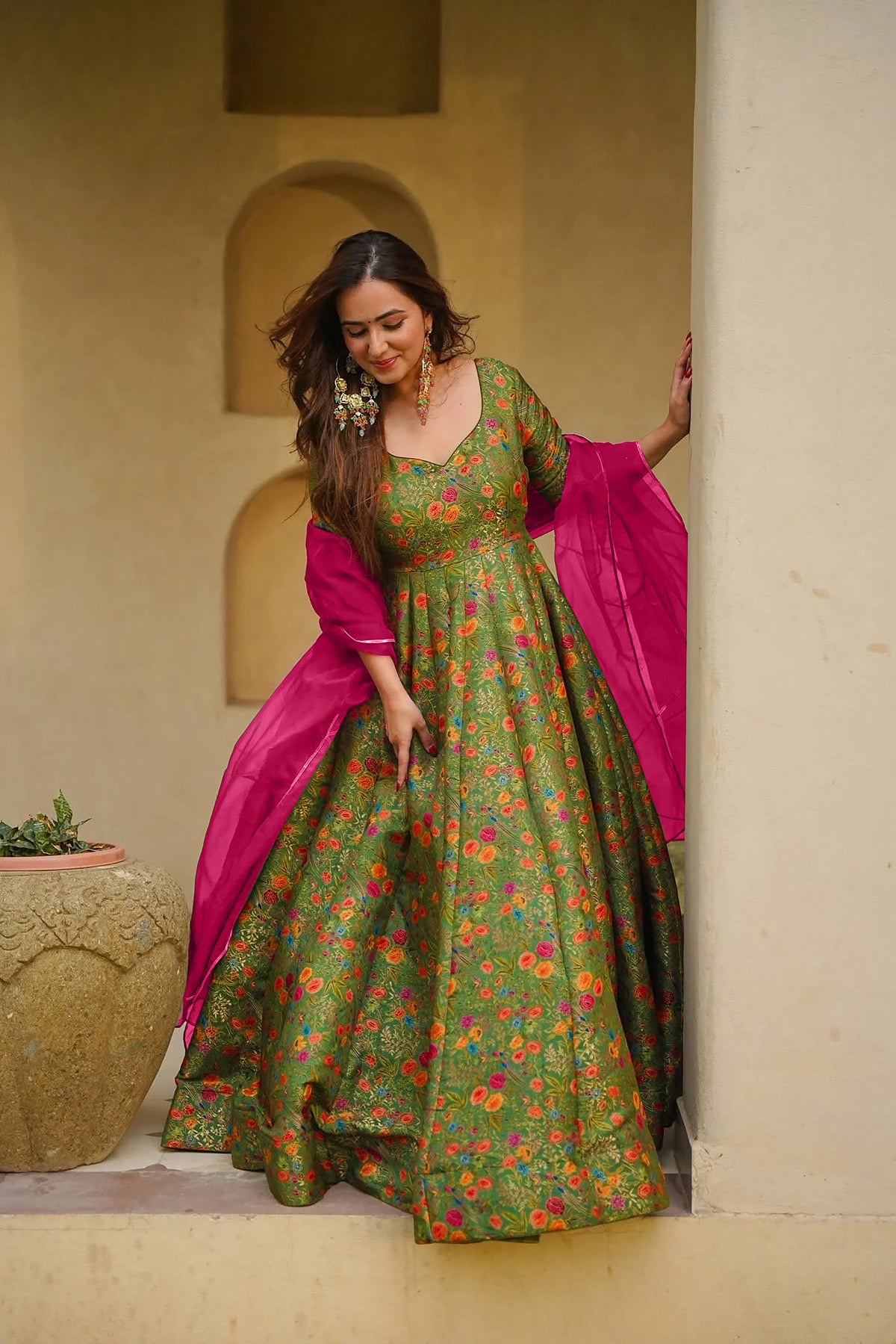Women's Olive Green Floral Printed Anarkali Gown with Pink Organza Dupatta | Festive Wear