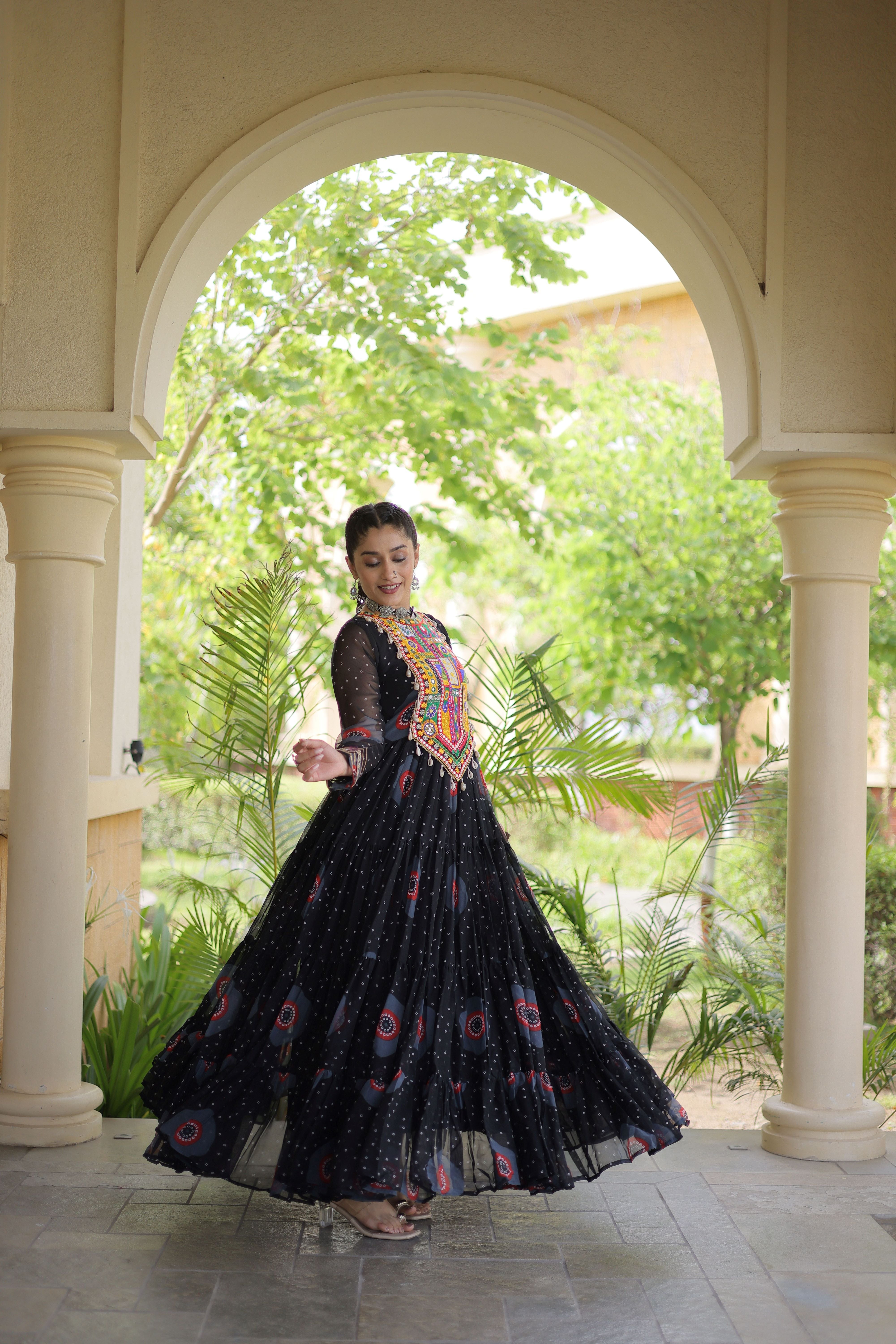 Black Bandhani Printed Kutchi Patch Work Navratri Gown