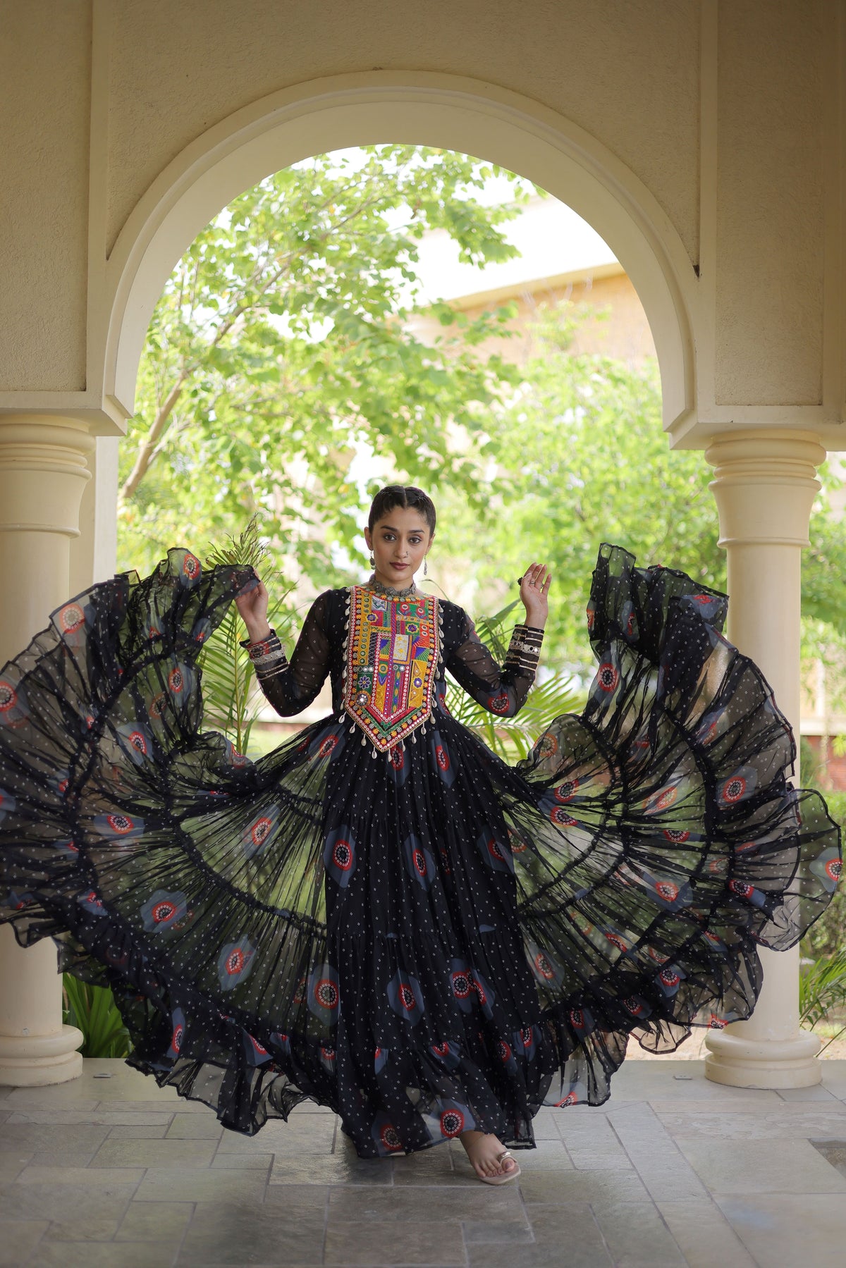 Black Bandhani Printed Kutchi Patch Work Navratri Gown