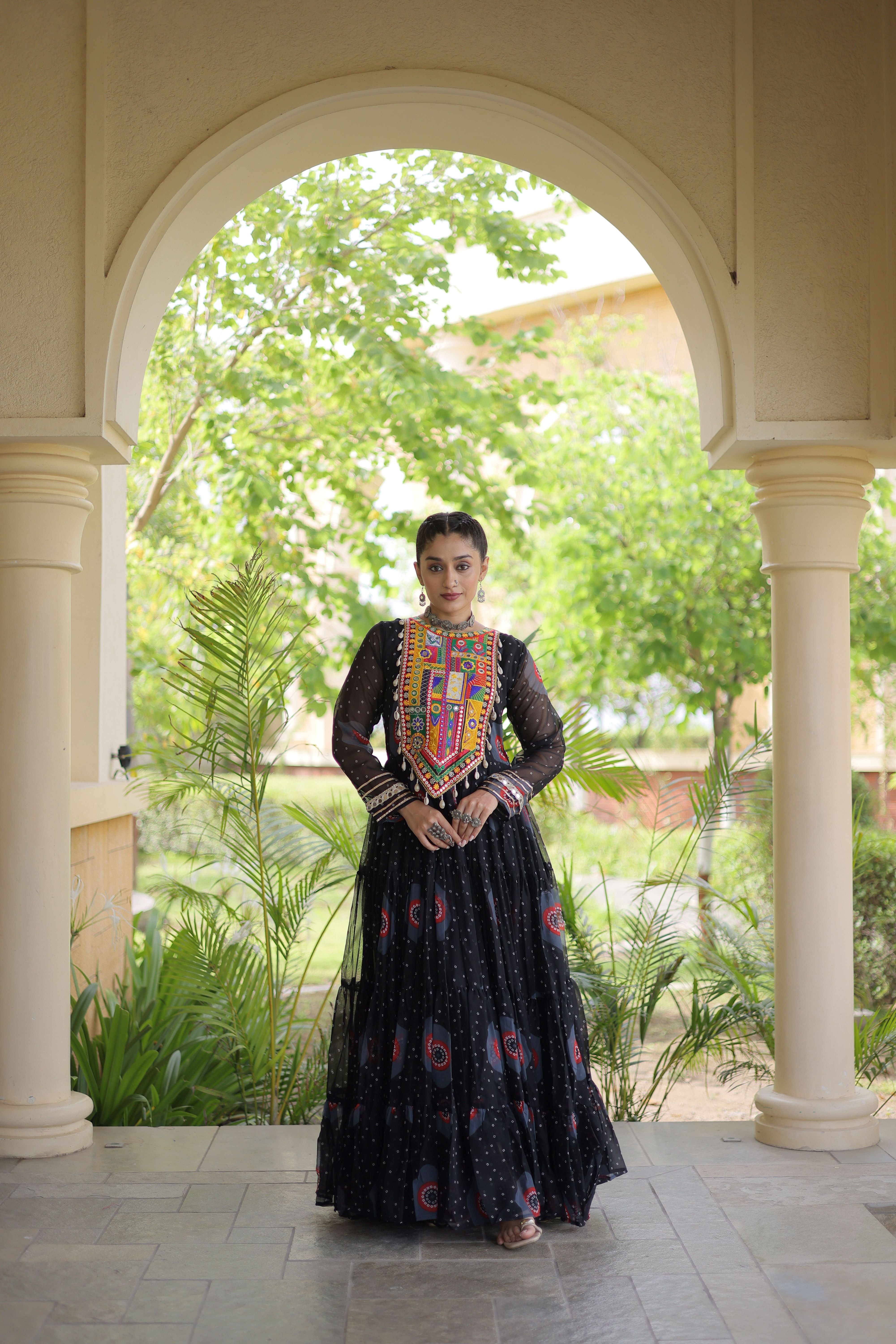 Black Bandhani Printed Kutchi Patch Work Navratri Gown
