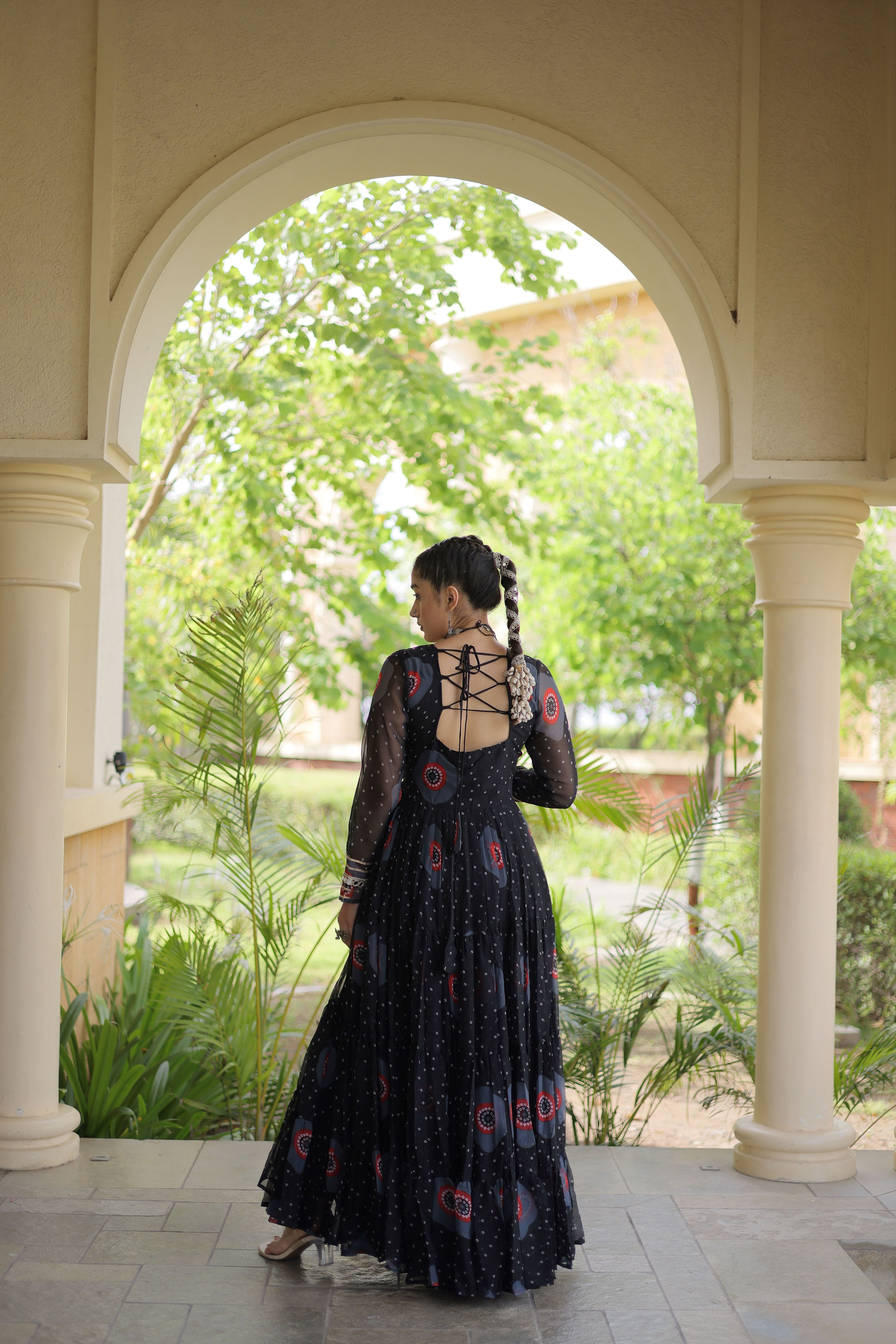 Black Bandhani Printed Kutchi Patch Work Navratri Gown
