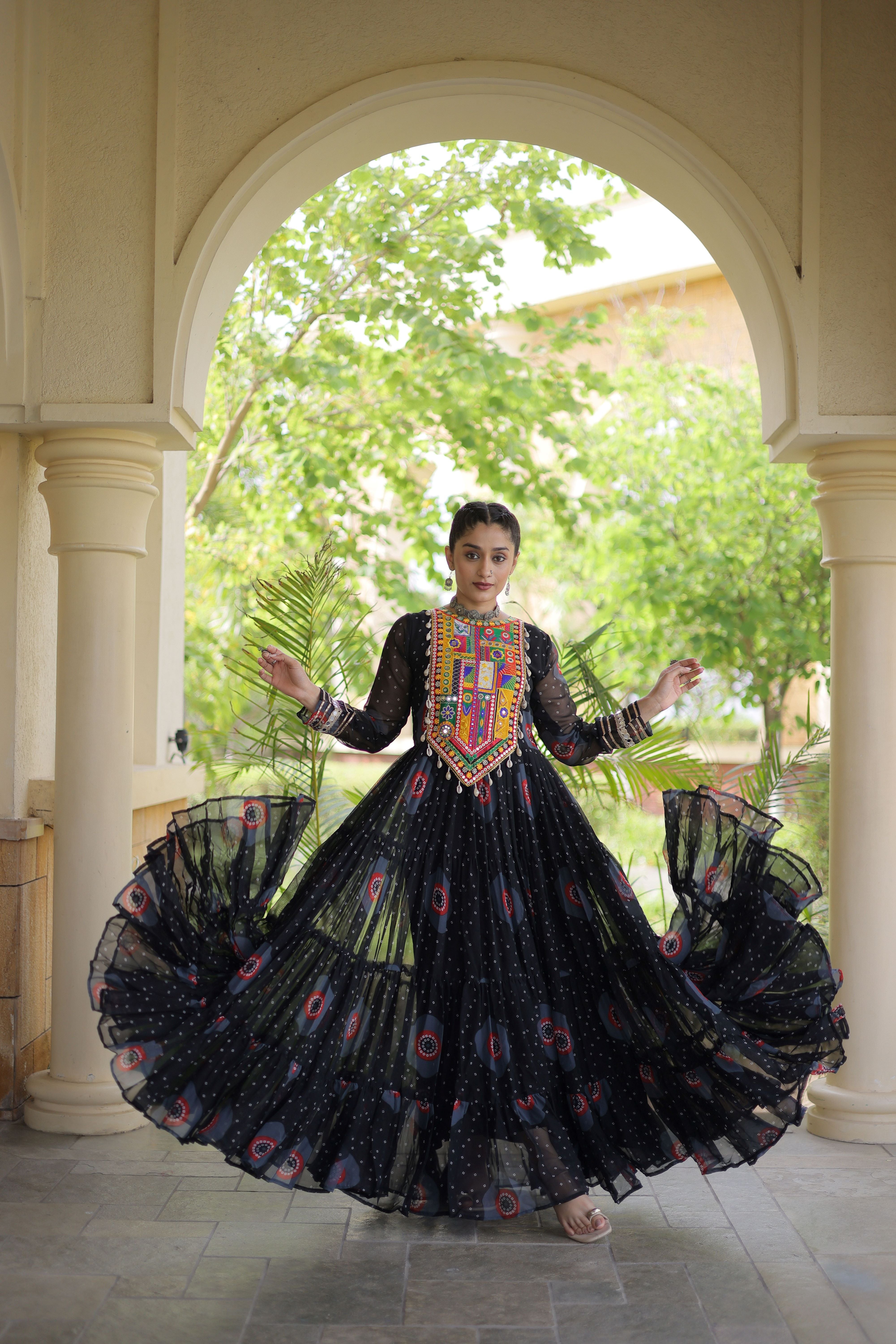 Black Bandhani Printed Kutchi Patch Work Navratri Gown