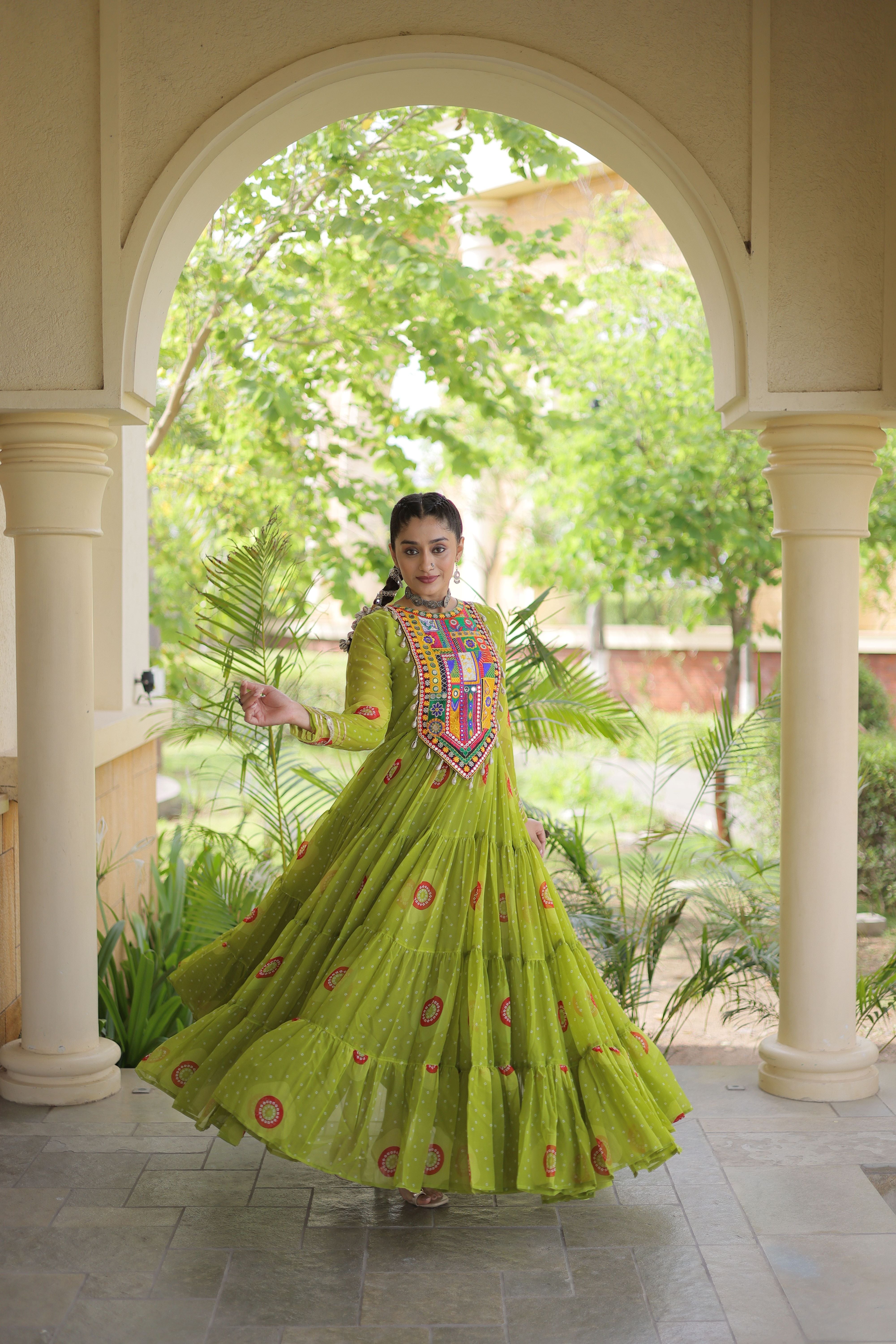 Lime Green Bandhani Printed Kutchi Patch Work Navratri Gown