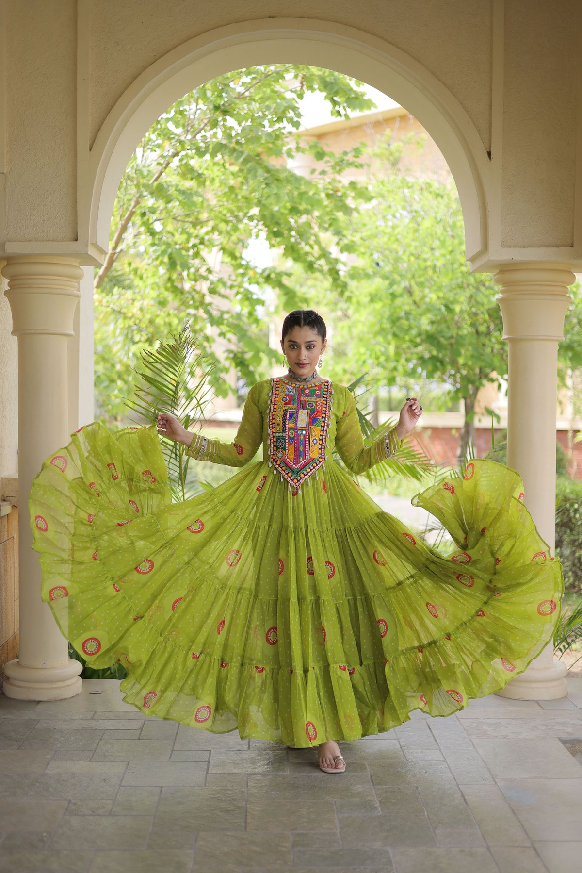 Lime Green Bandhani Printed Kutchi Patch Work Navratri Gown