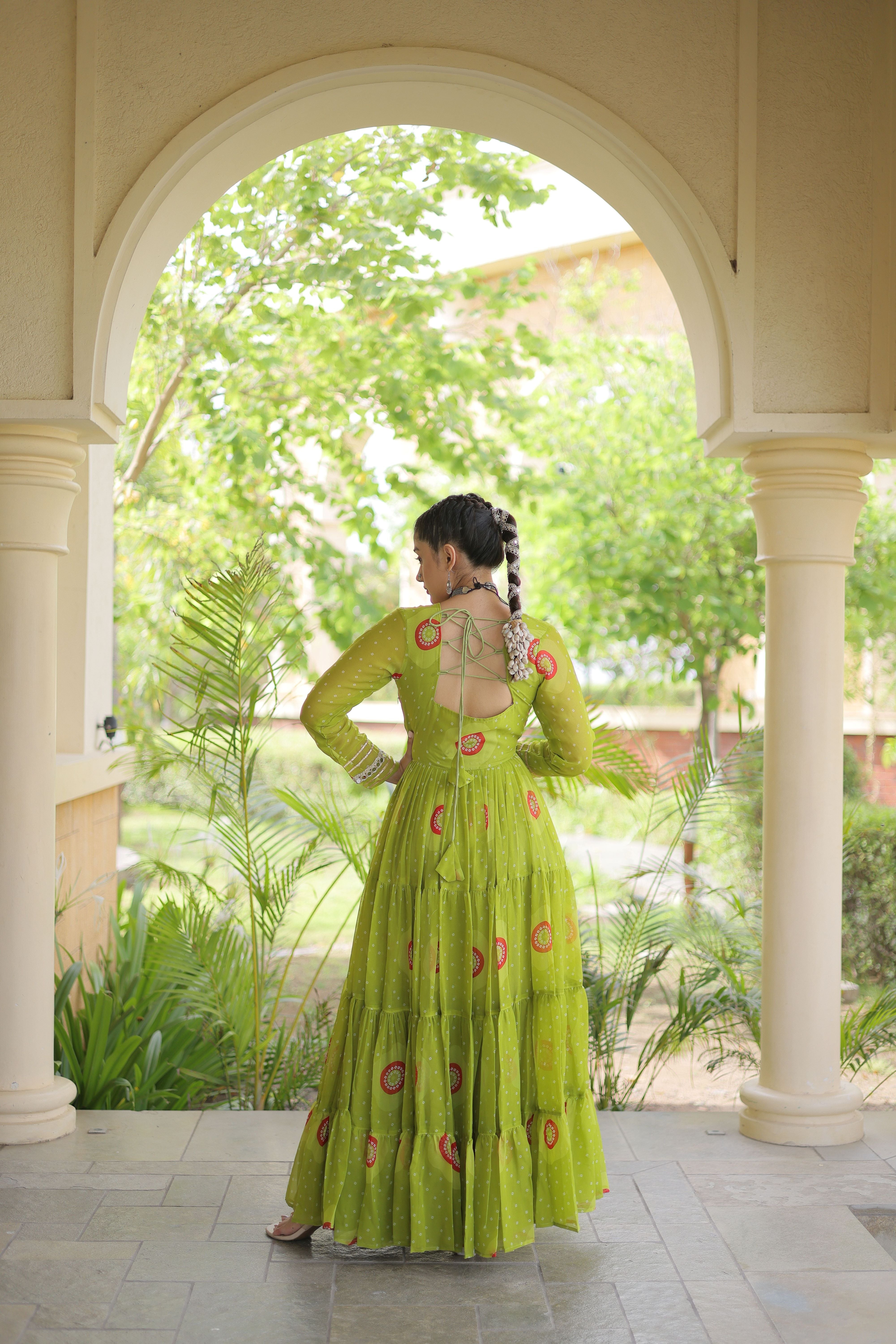 Lime Green Bandhani Printed Kutchi Patch Work Navratri Gown