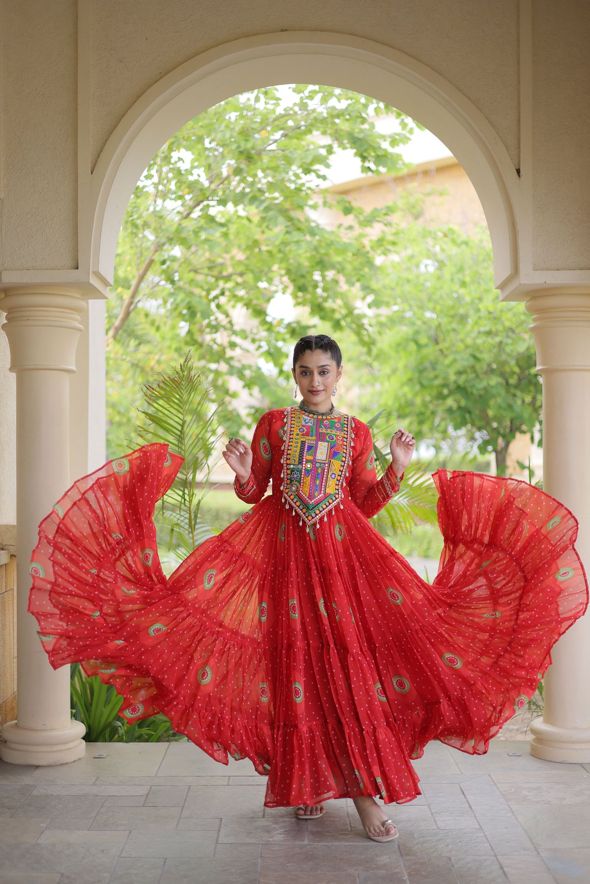Red Bandhani Printed Kutchi Patch Work Navratri Gown