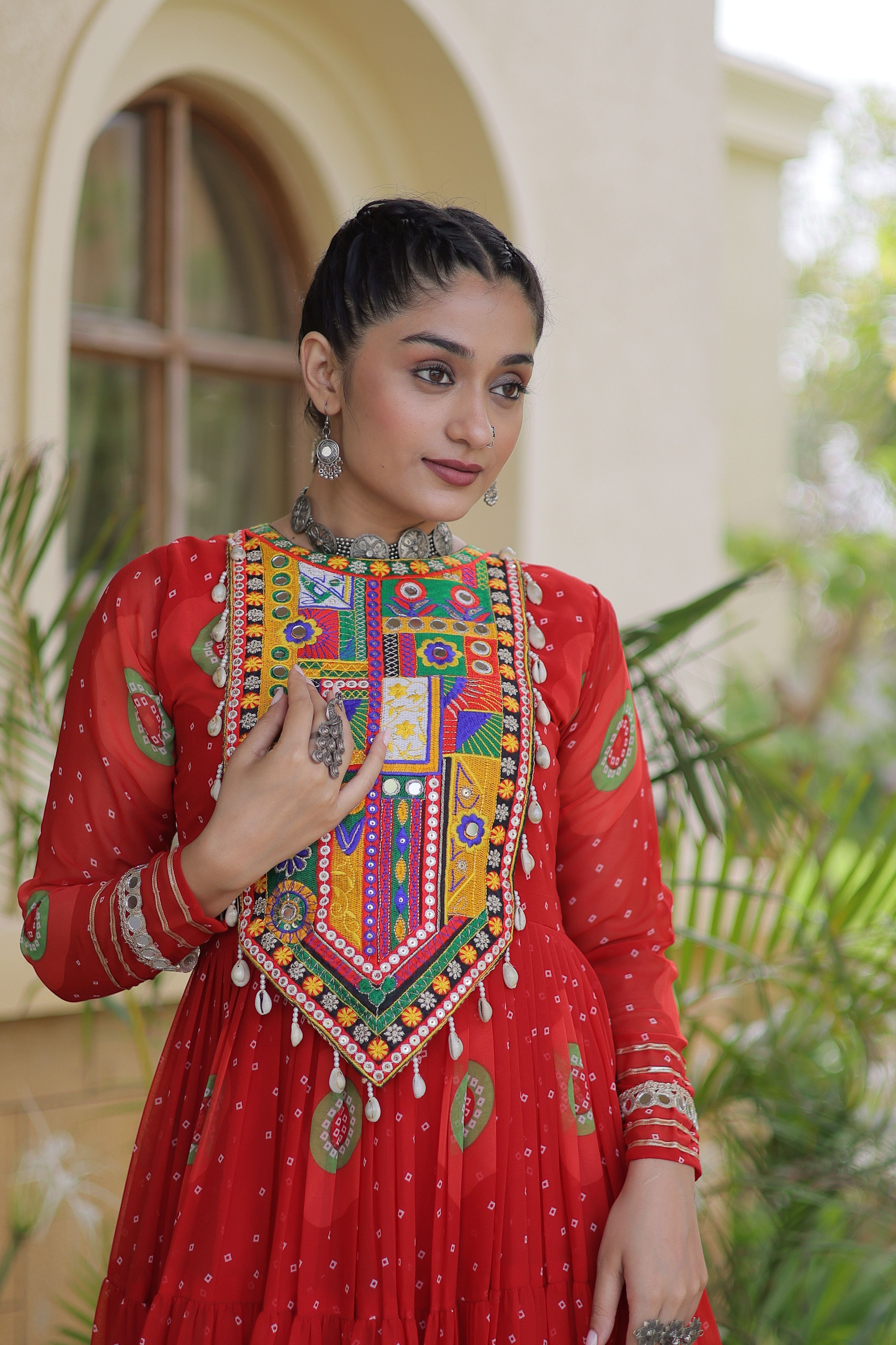 Red Bandhani Printed Kutchi Patch Work Navratri Gown