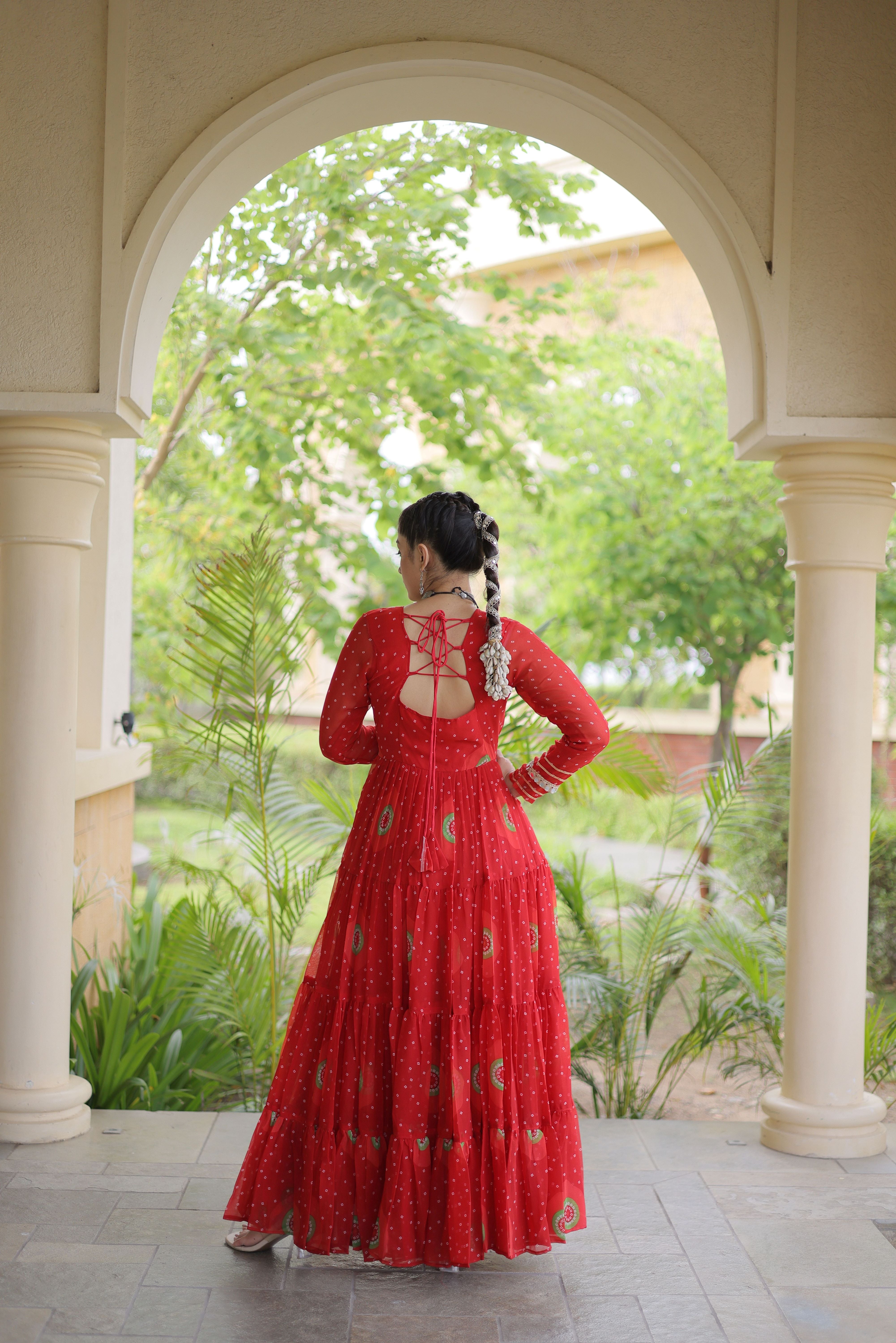 Red Bandhani Printed Kutchi Patch Work Navratri Gown