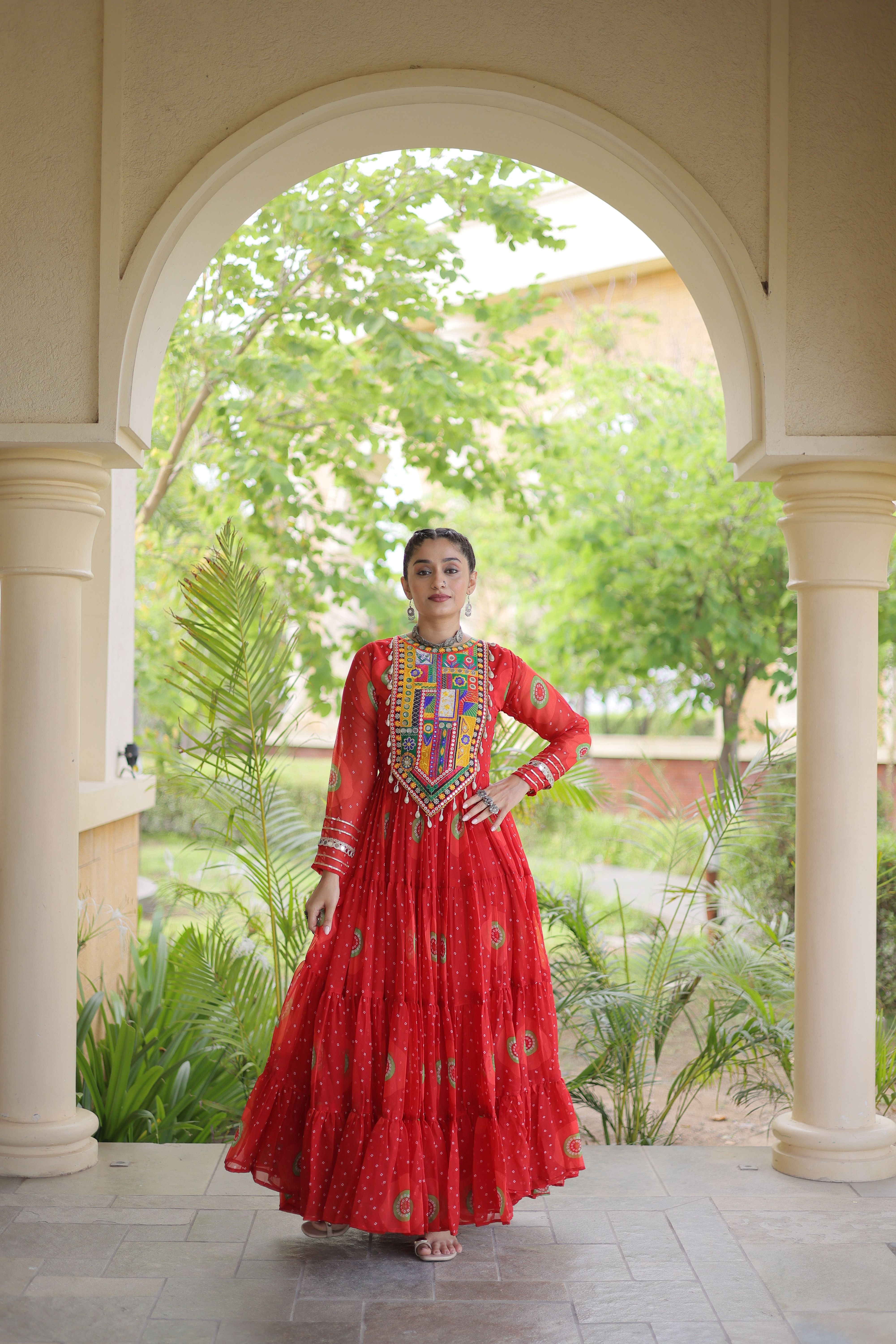 Red Bandhani Printed Kutchi Patch Work Navratri Gown