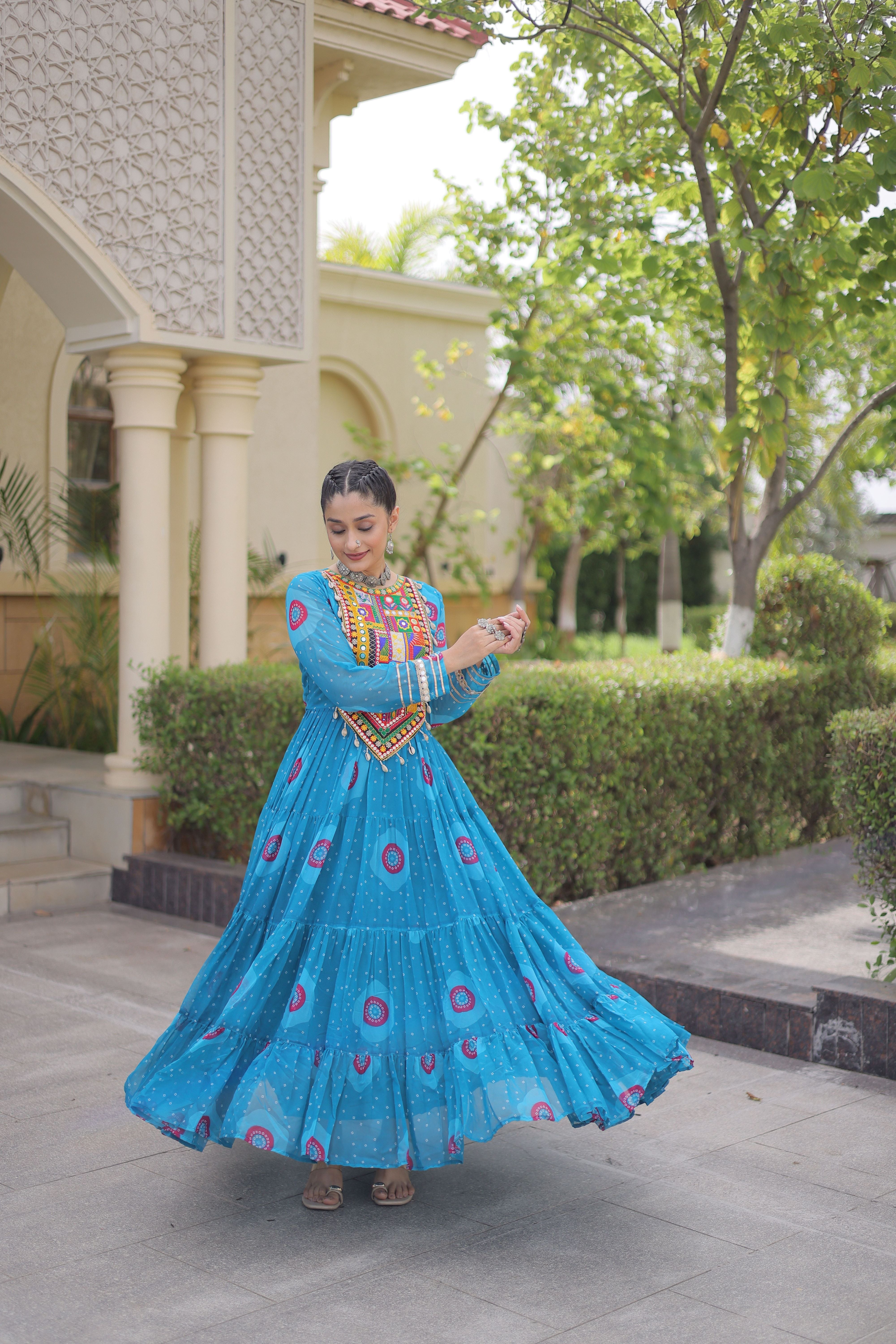 Blue Bandhani Printed Kutchi Patch Work Navratri Gown
