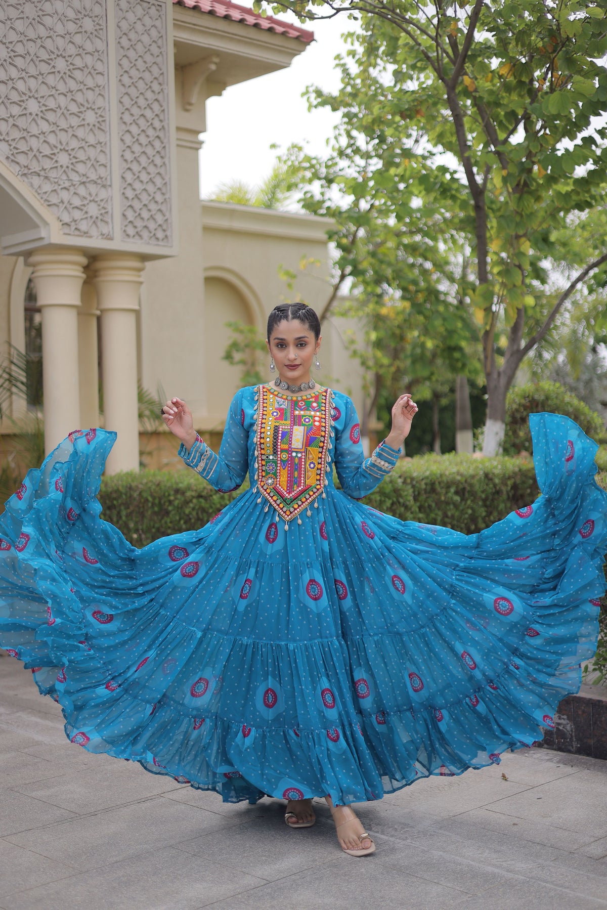 Blue Bandhani Printed Kutchi Patch Work Navratri Gown