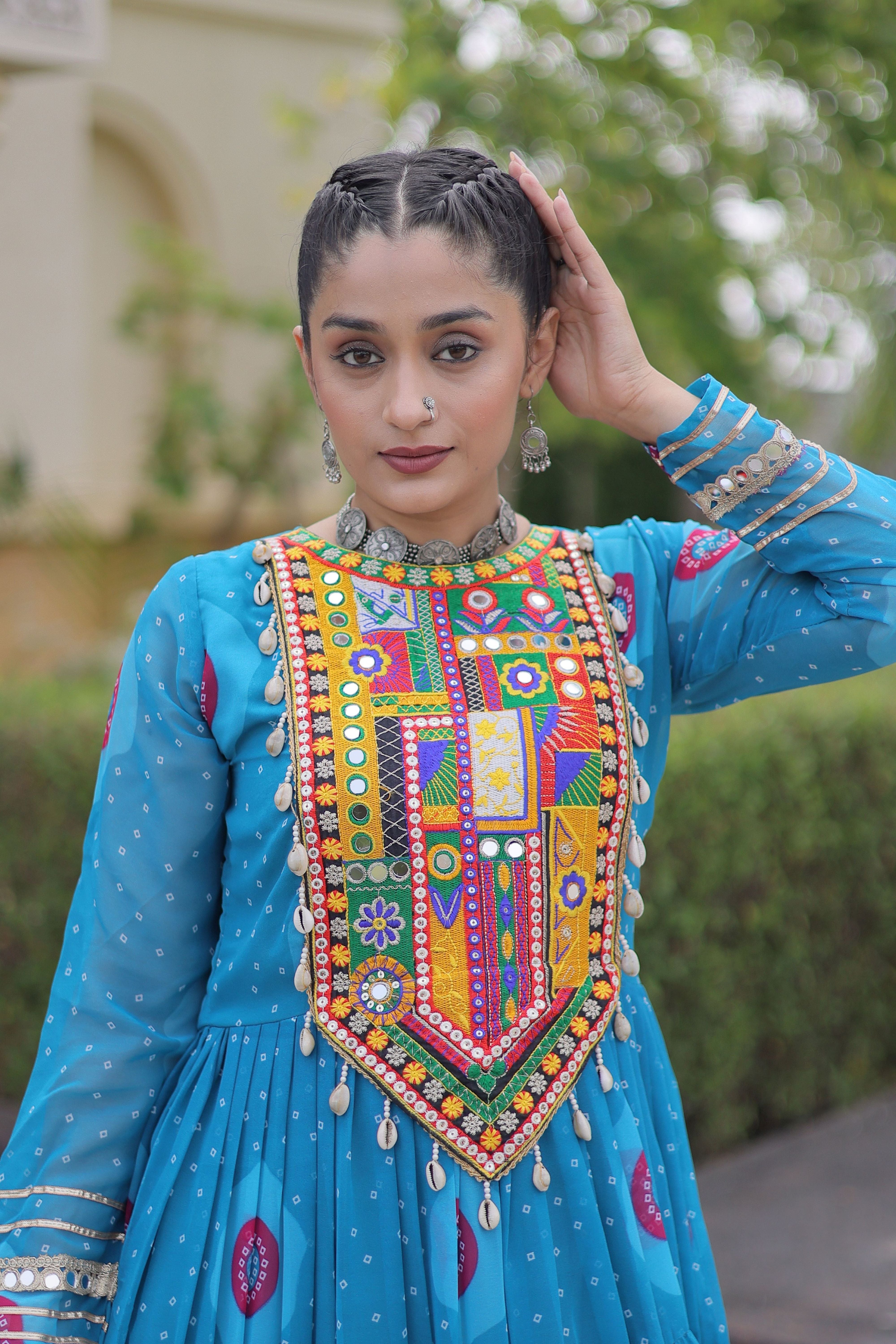 Blue Bandhani Printed Kutchi Patch Work Navratri Gown