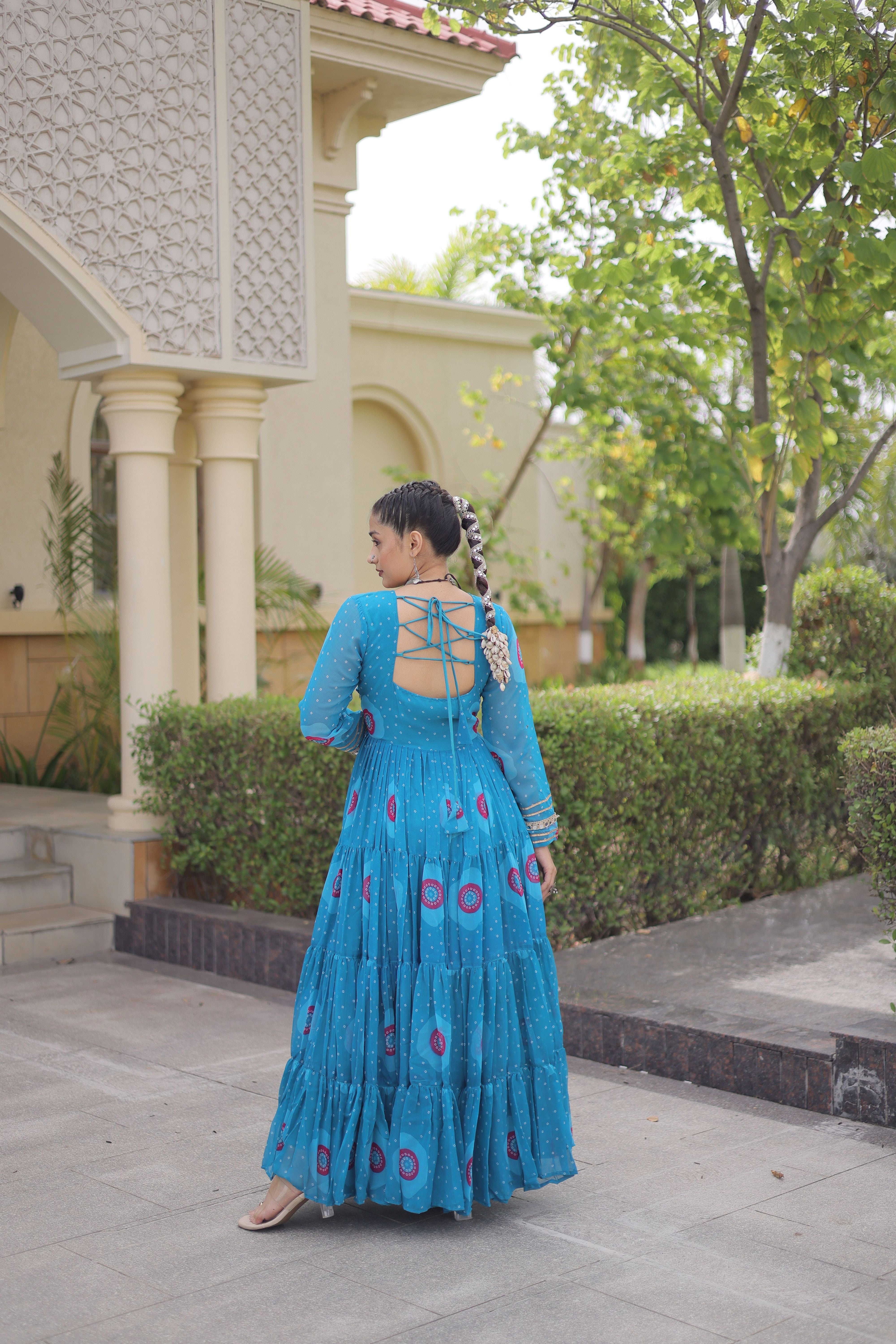 Blue Bandhani Printed Kutchi Patch Work Navratri Gown
