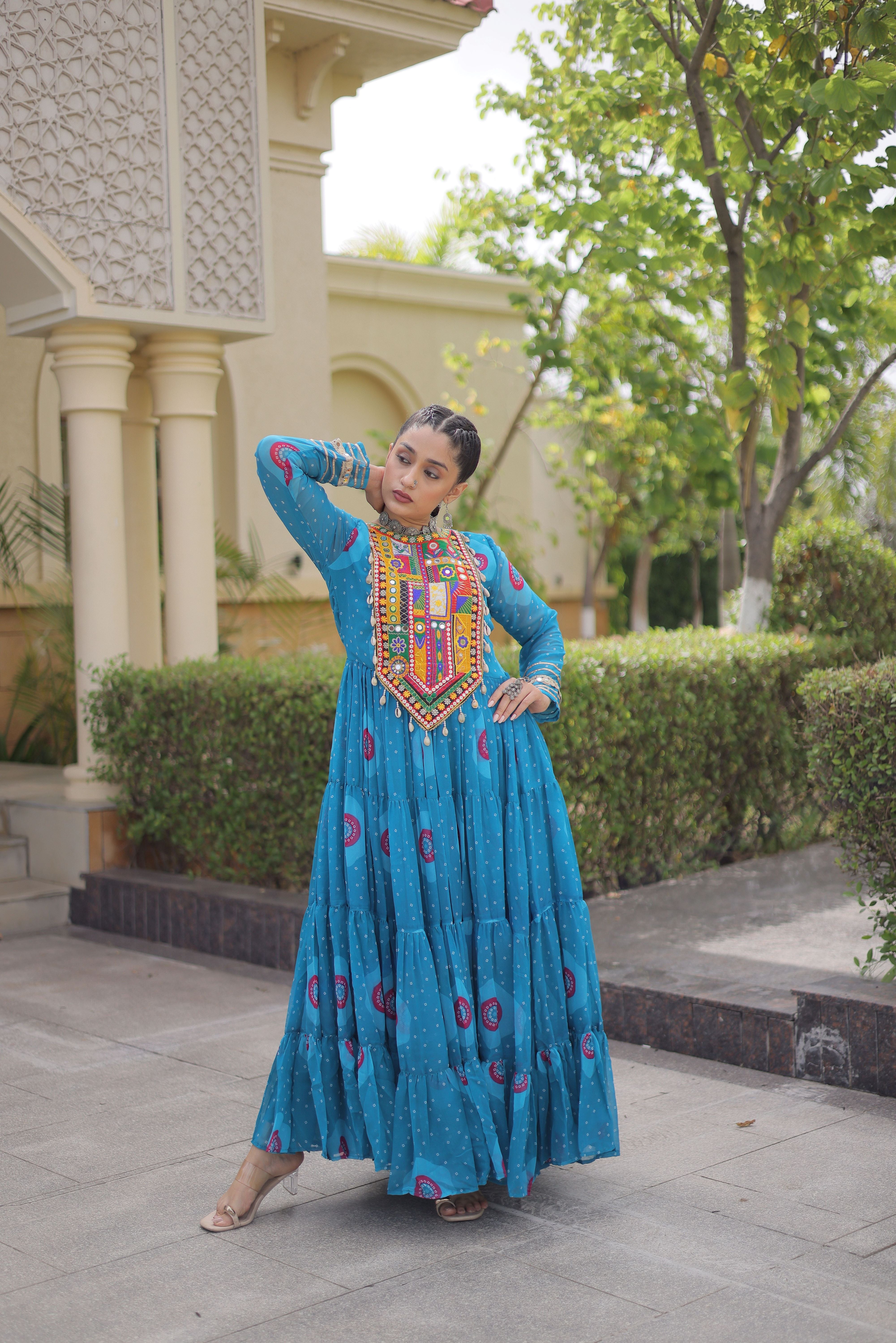 Blue Bandhani Printed Kutchi Patch Work Navratri Gown