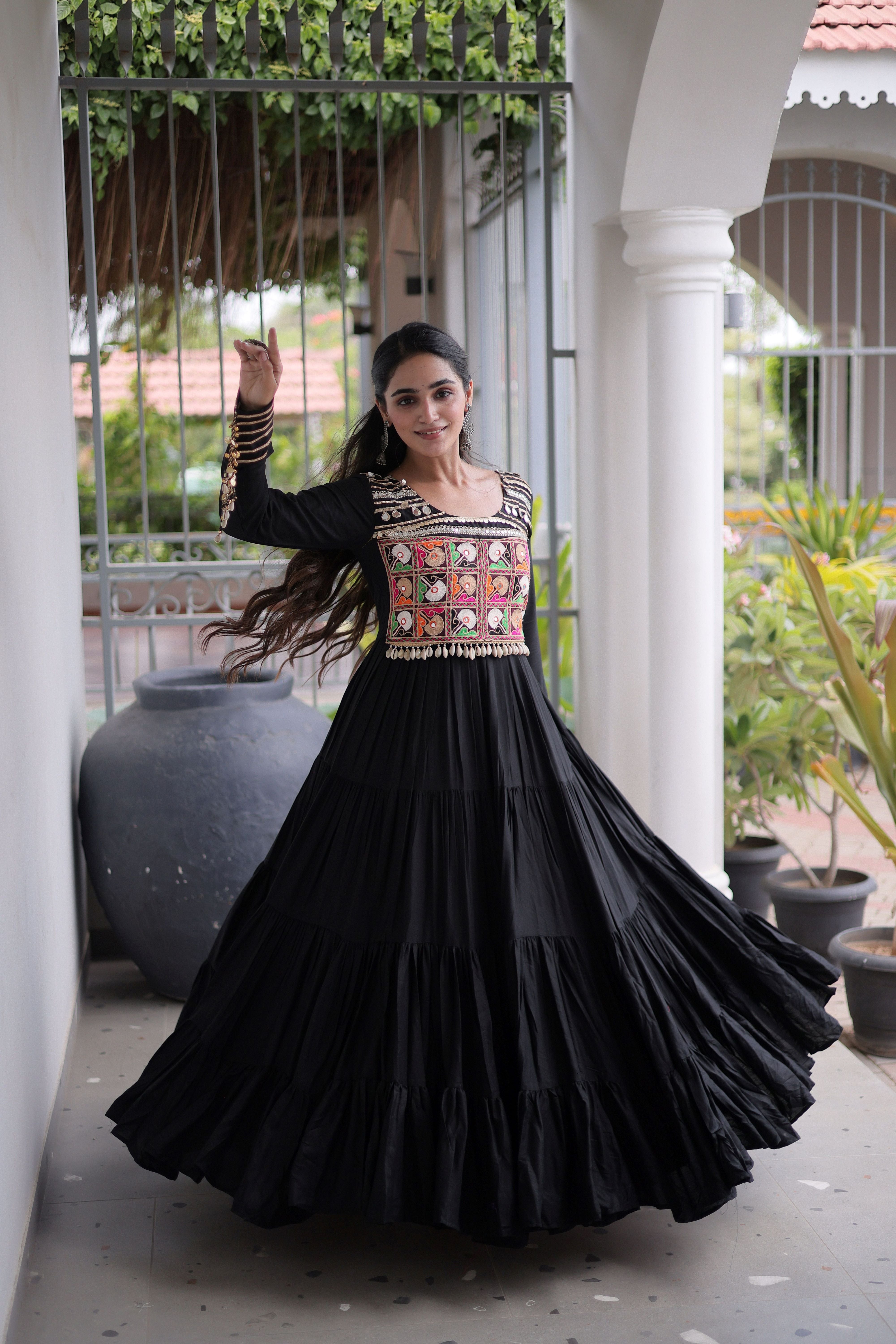 Black Kutchi Patch Work Tiered Ethnic Gown for Women