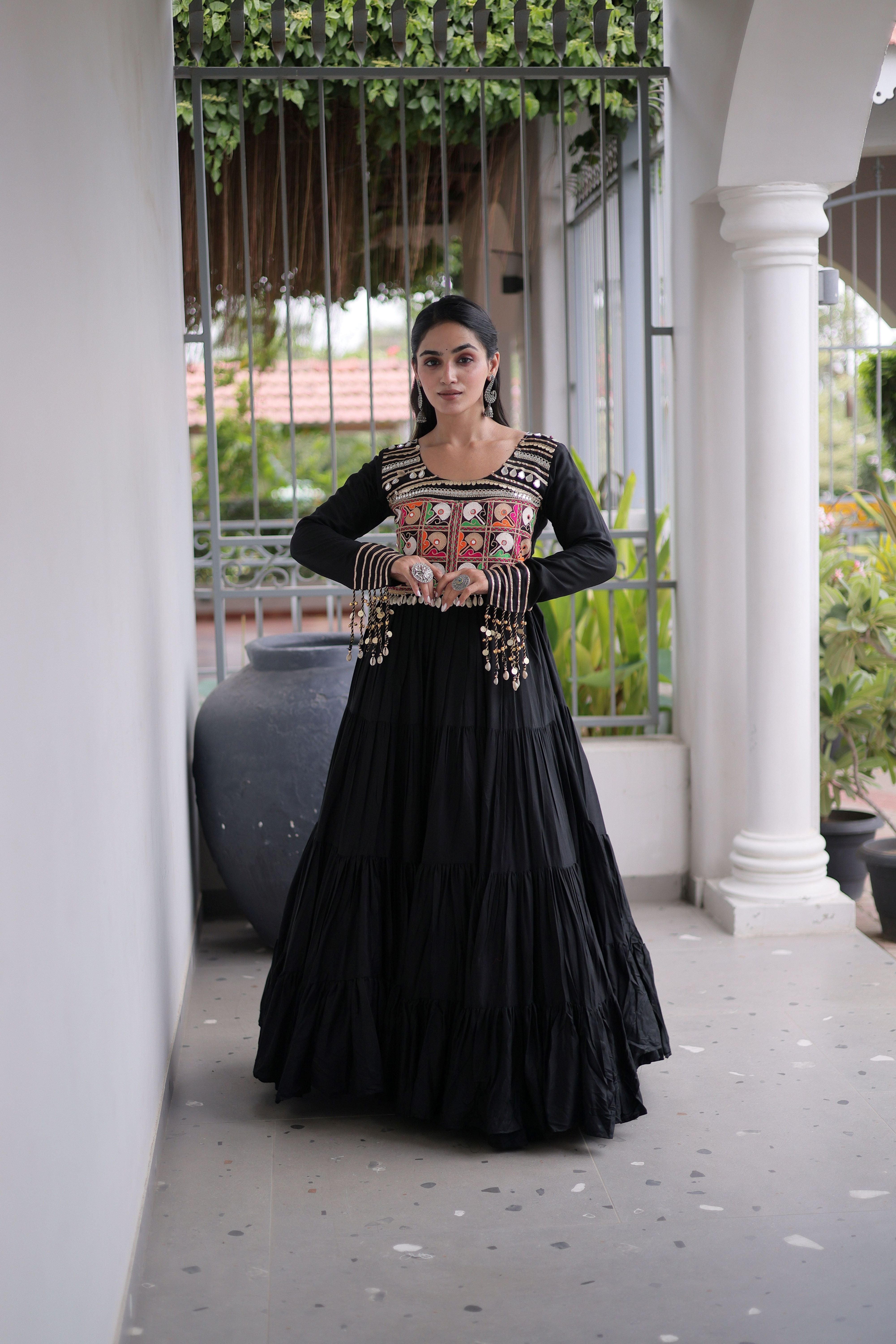 Black Kutchi Patch Work Tiered Ethnic Gown for Women