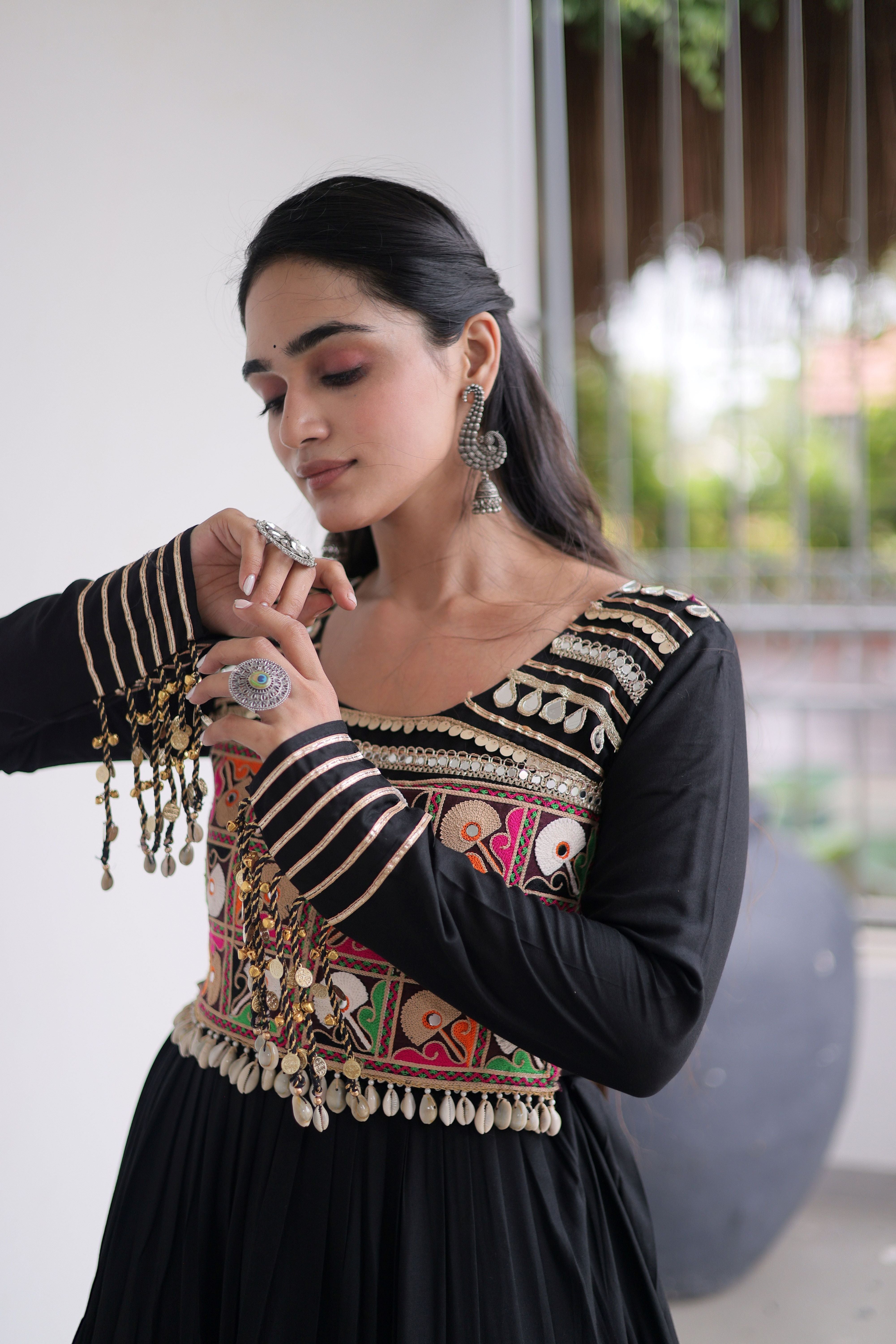 Black Kutchi Patch Work Tiered Ethnic Gown for Women
