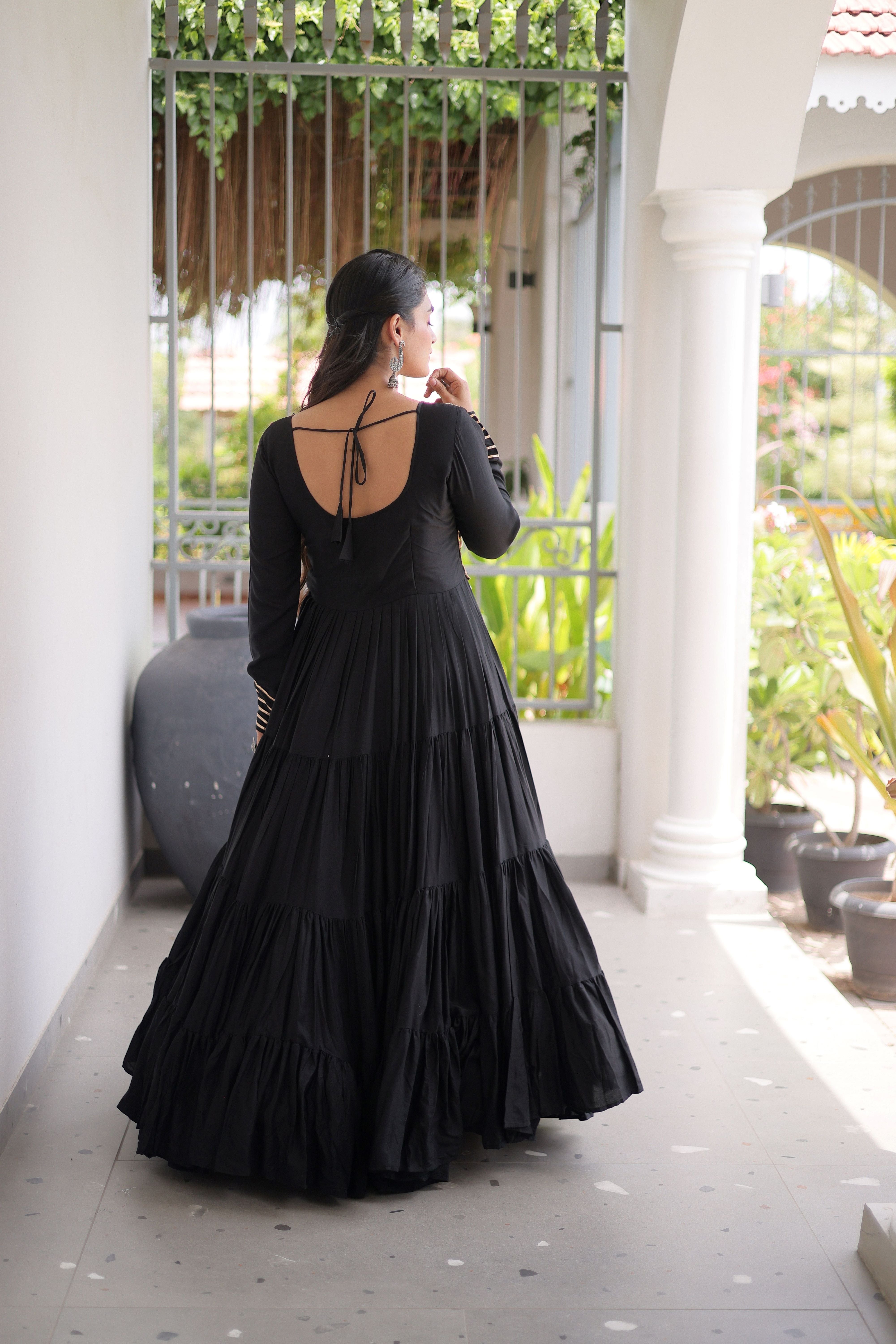 Black Kutchi Patch Work Tiered Ethnic Gown for Women