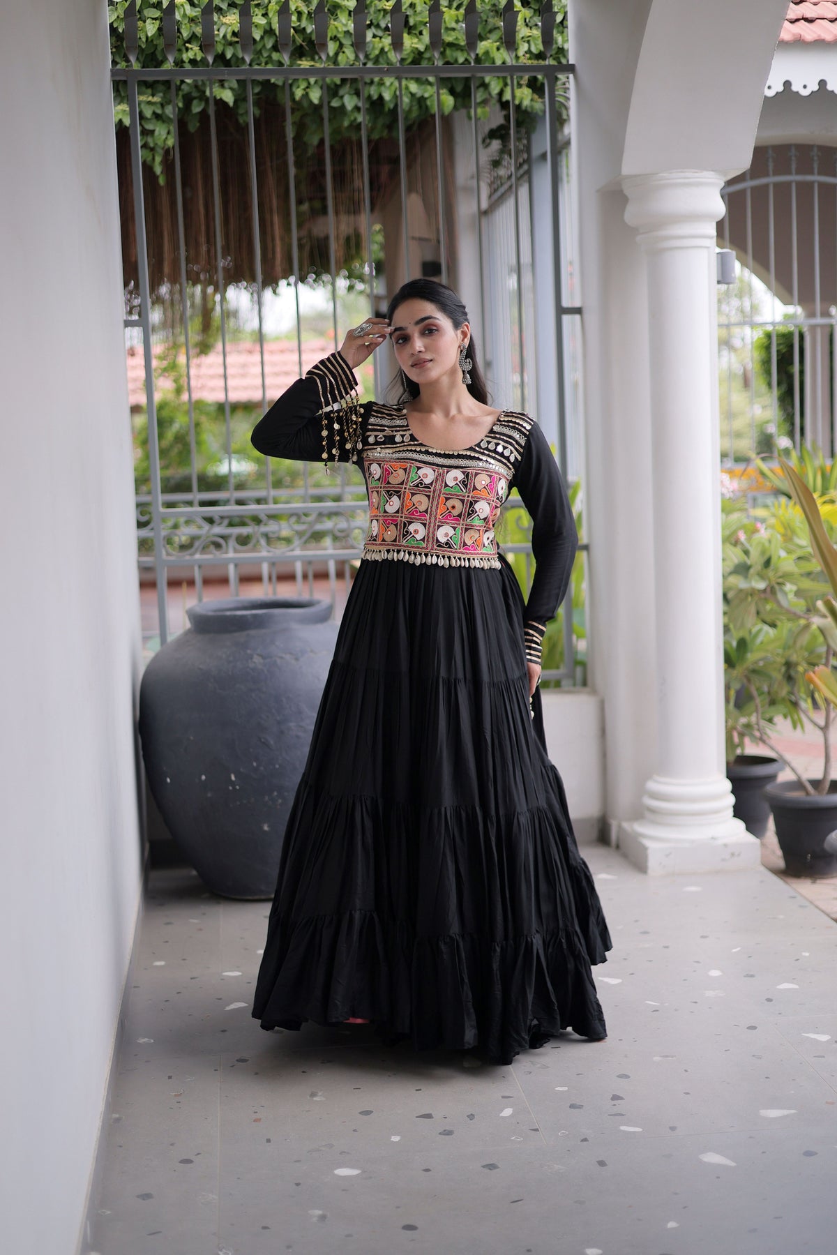 Black Kutchi Patch Work Tiered Ethnic Gown for Women