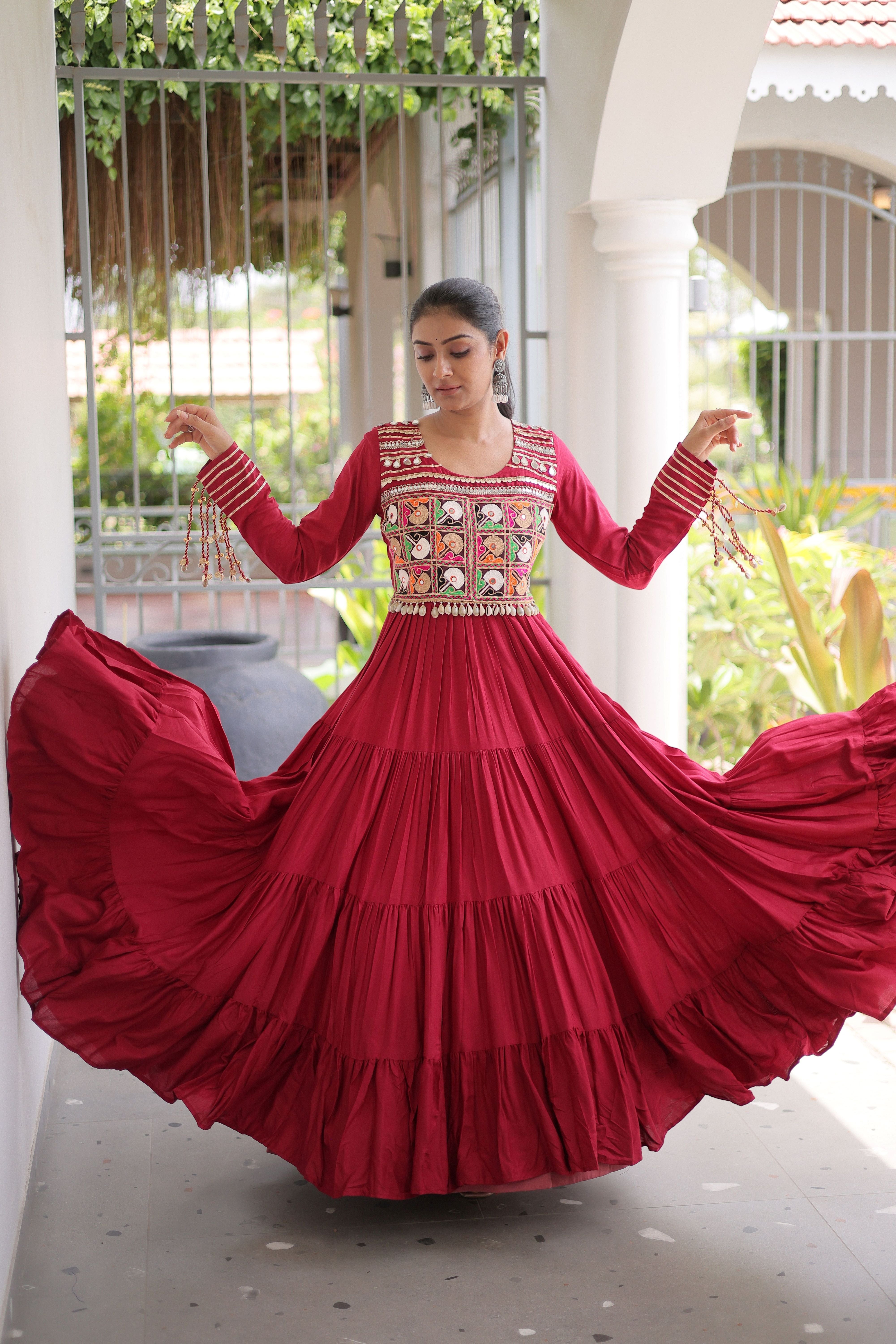 Maroon Kutchi Patch Work Tiered Ethnic Gown for Women