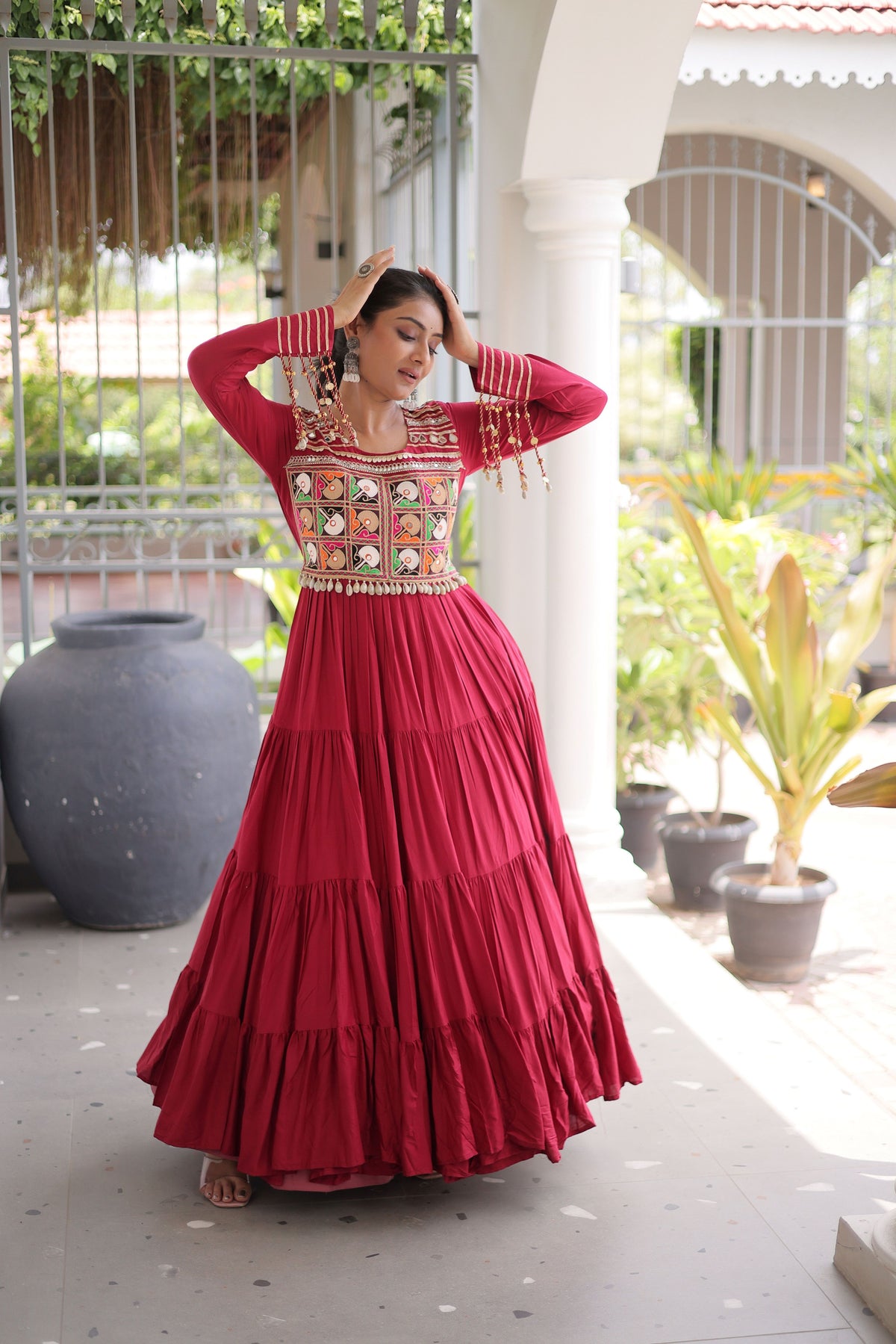 Maroon Kutchi Patch Work Tiered Ethnic Gown for Women