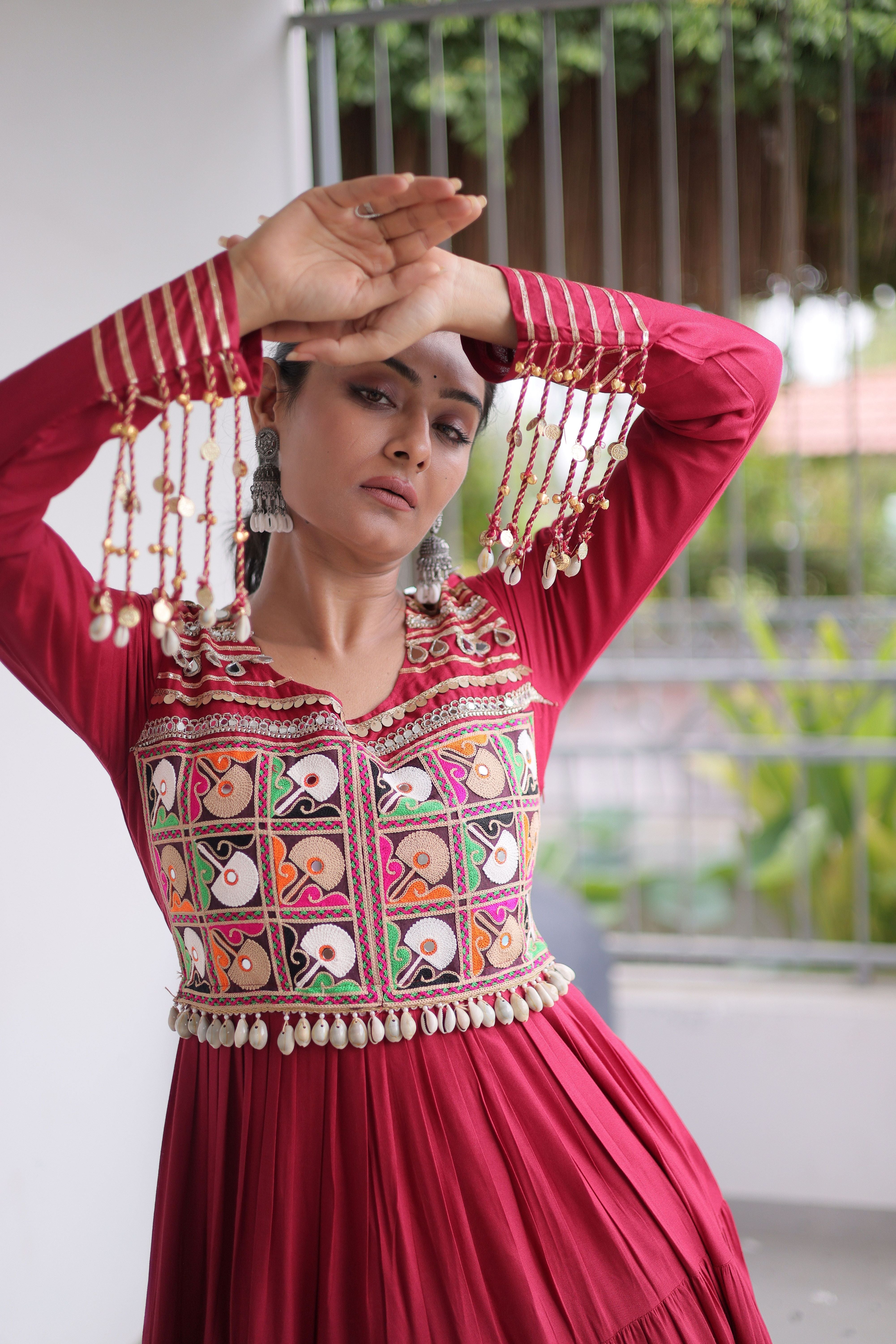 Maroon Kutchi Patch Work Tiered Ethnic Gown for Women
