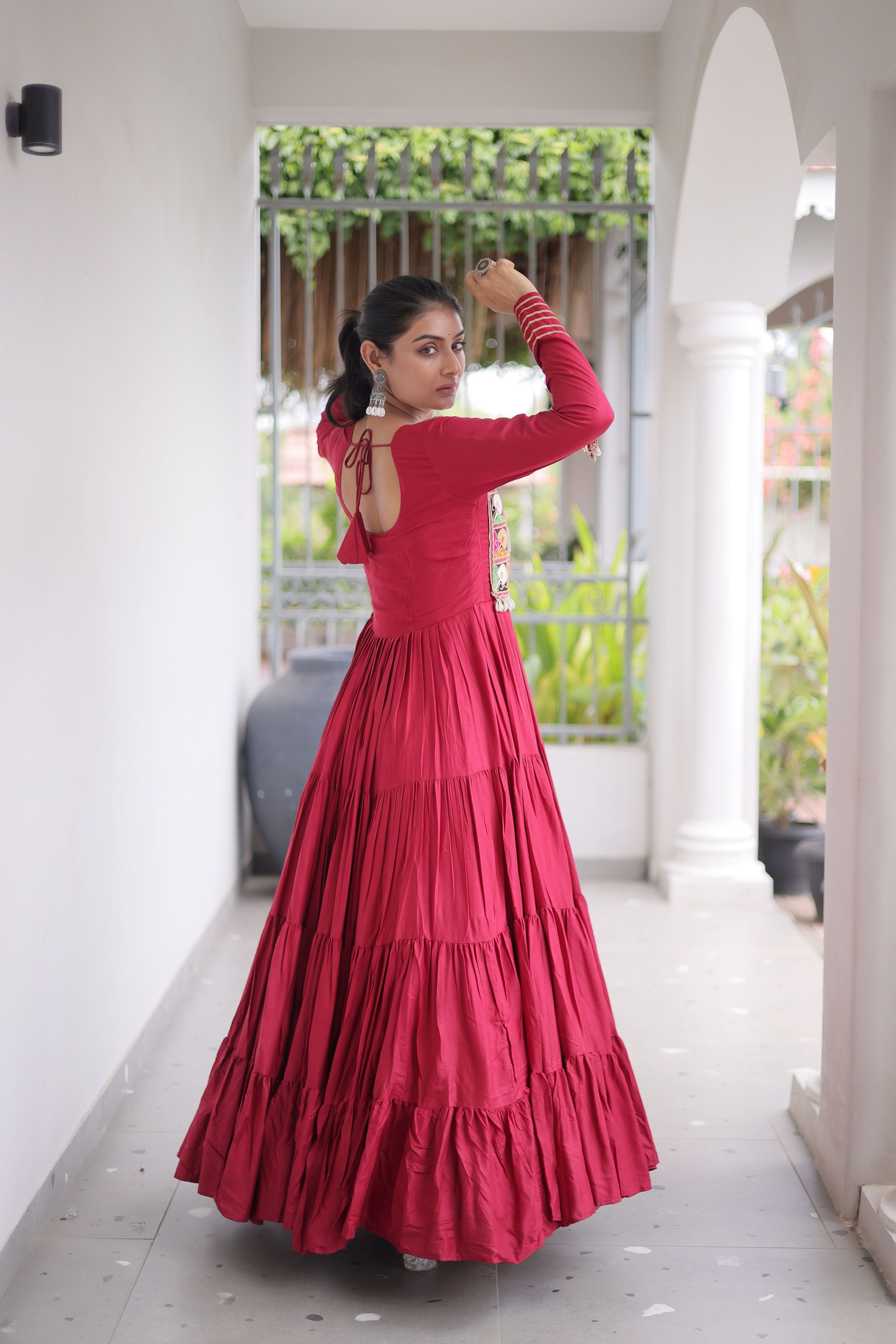 Maroon Kutchi Patch Work Tiered Ethnic Gown for Women