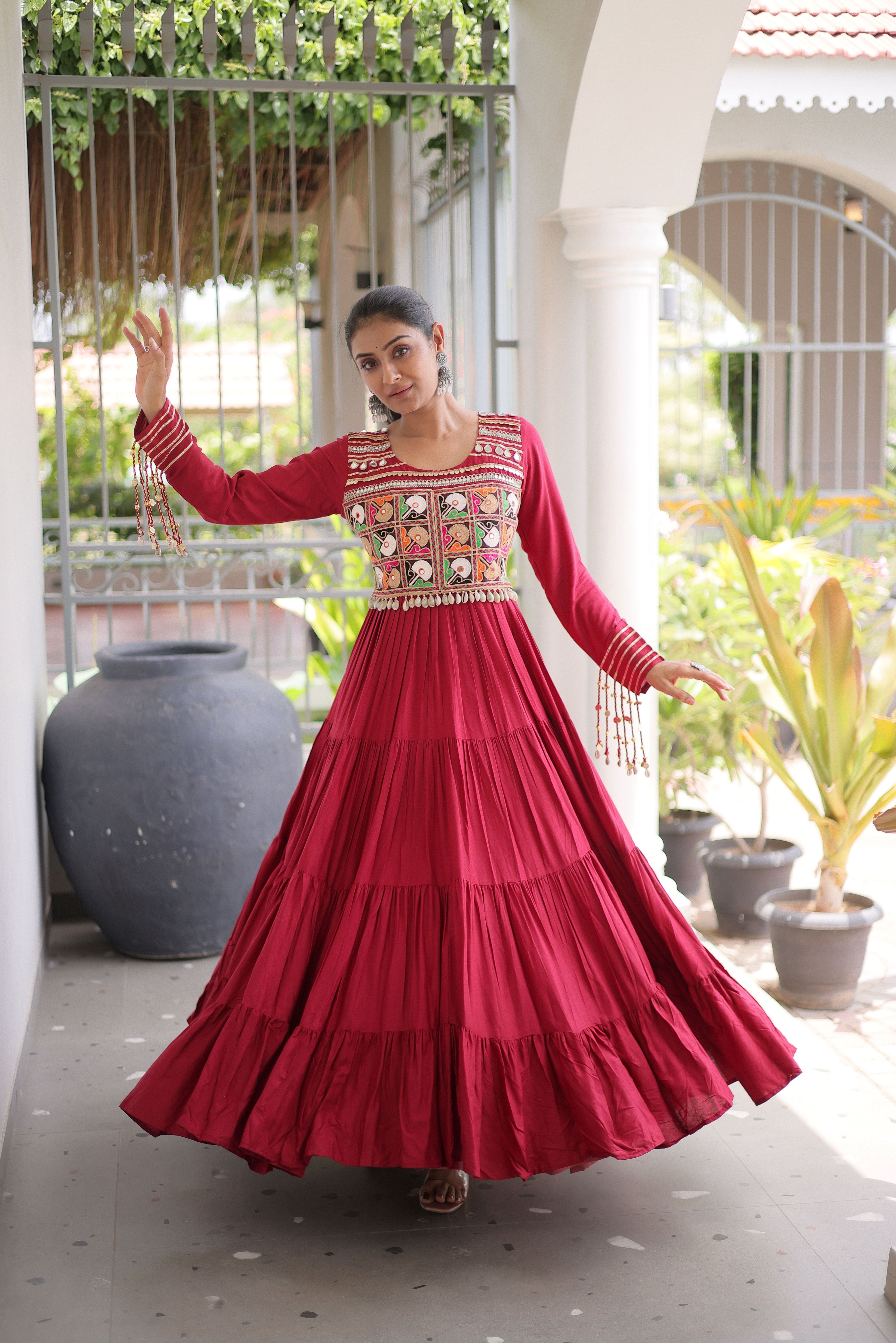 Maroon Kutchi Patch Work Tiered Ethnic Gown for Women