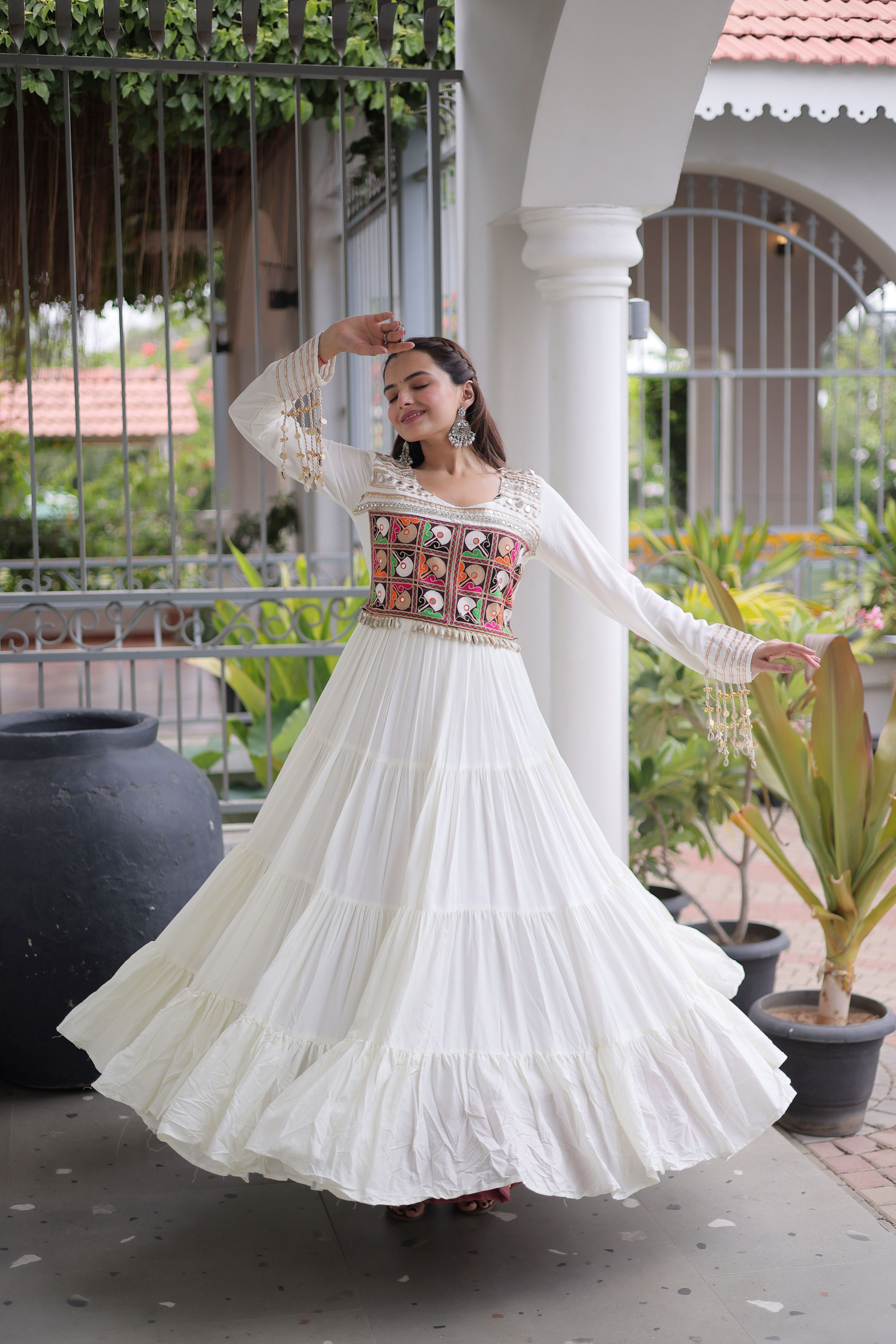 White Kutchi Patch Work Tiered Ethnic Gown for Women