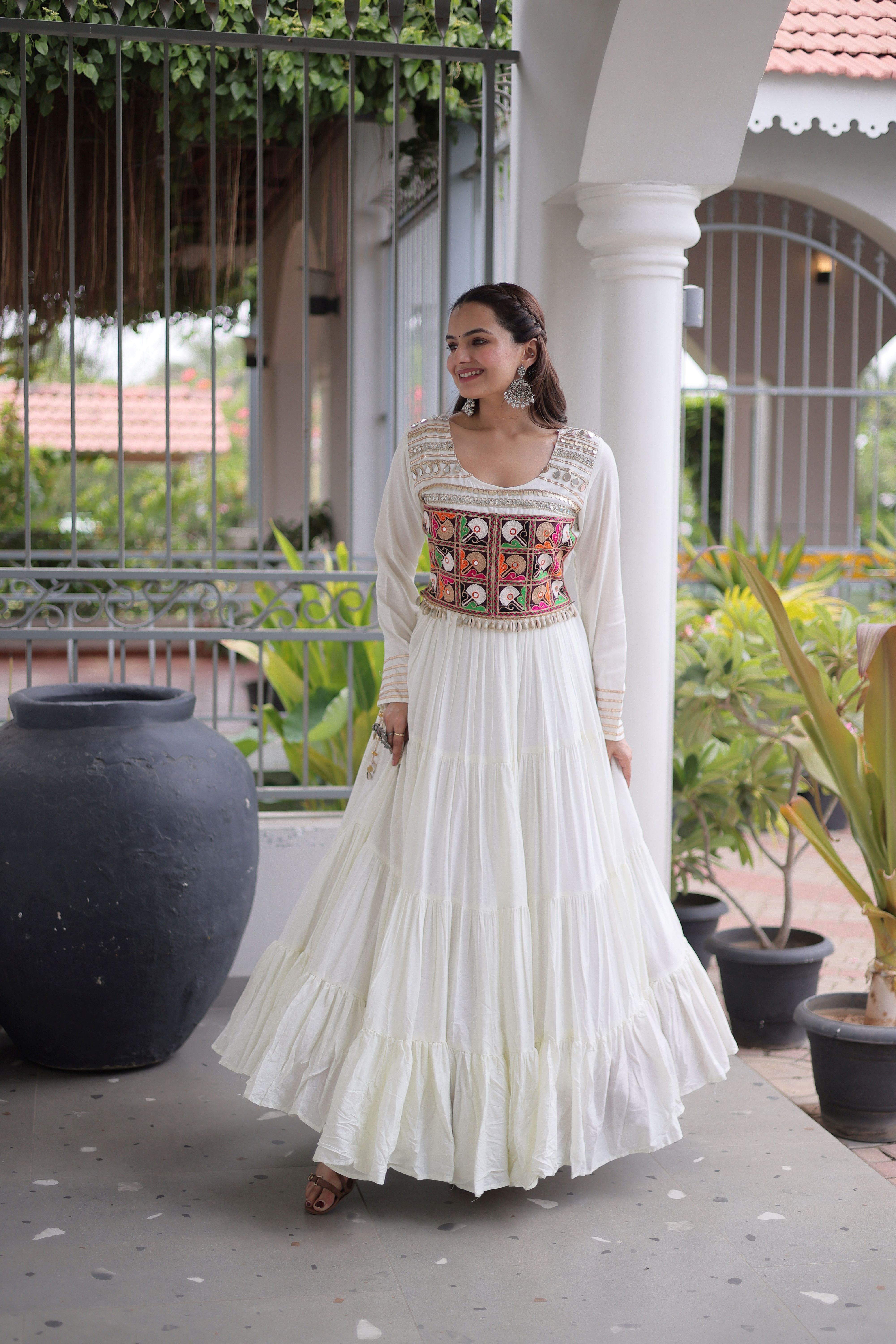 White Kutchi Patch Work Tiered Ethnic Gown for Women