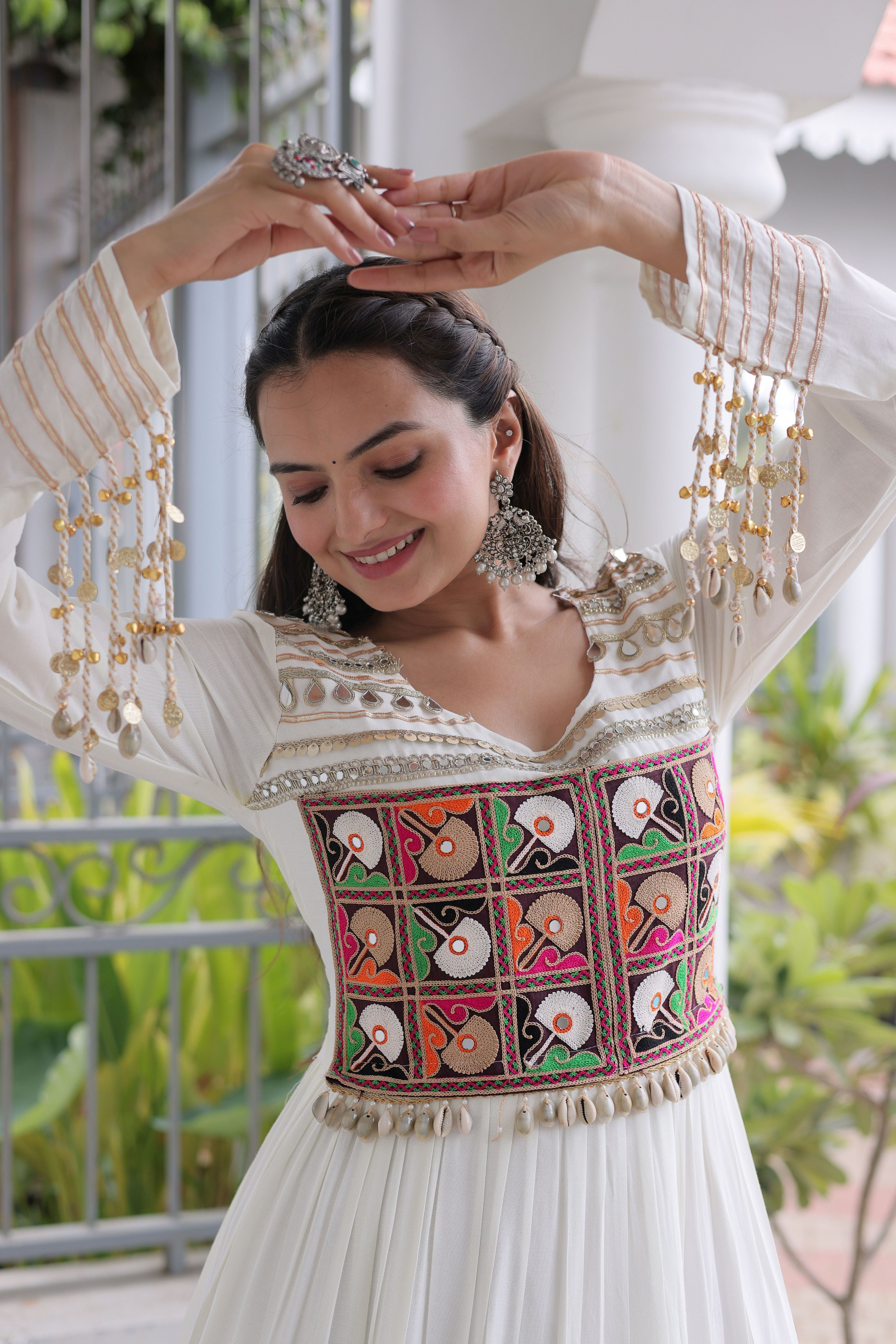 White Kutchi Patch Work Tiered Ethnic Gown for Women