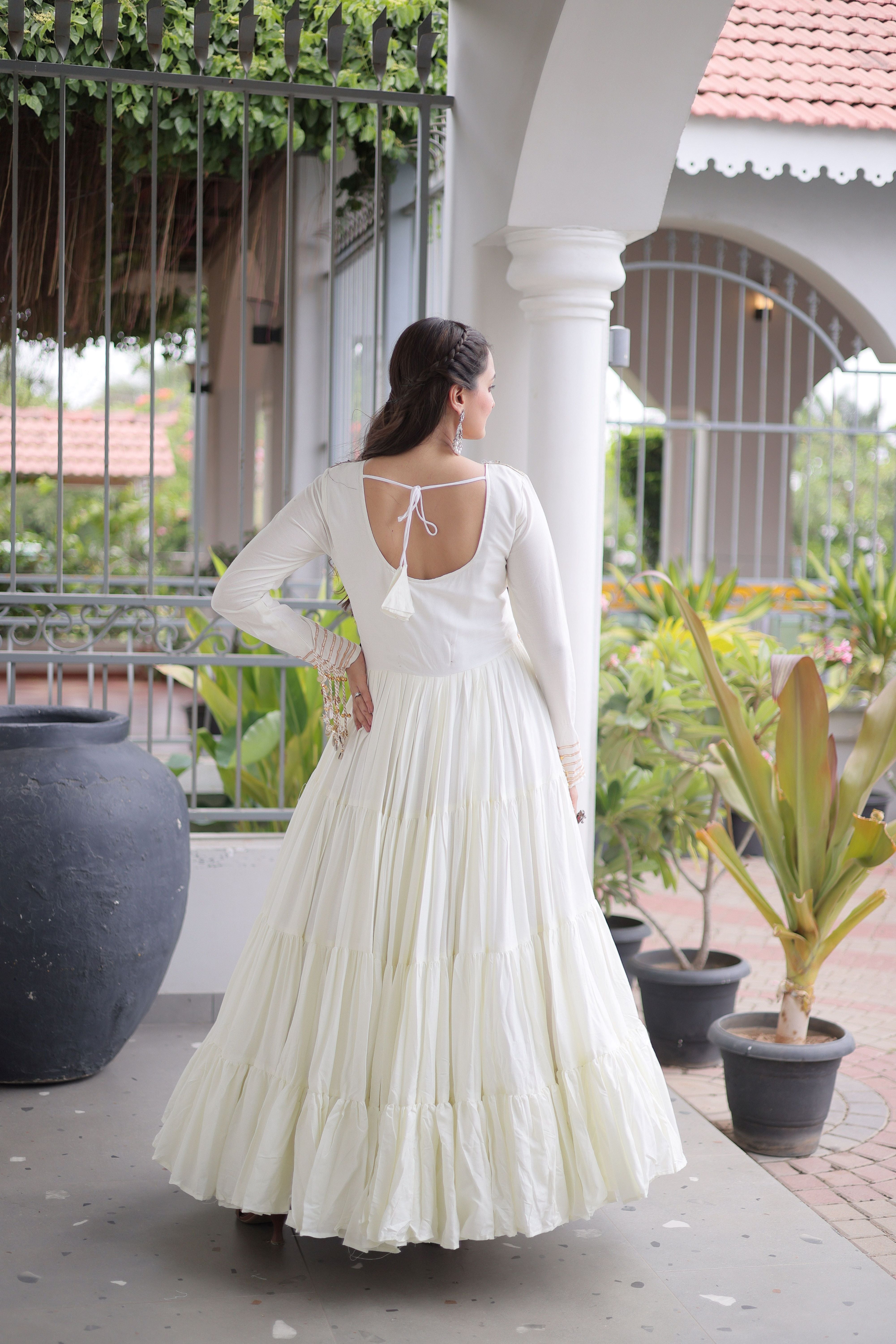 White Kutchi Patch Work Tiered Ethnic Gown for Women