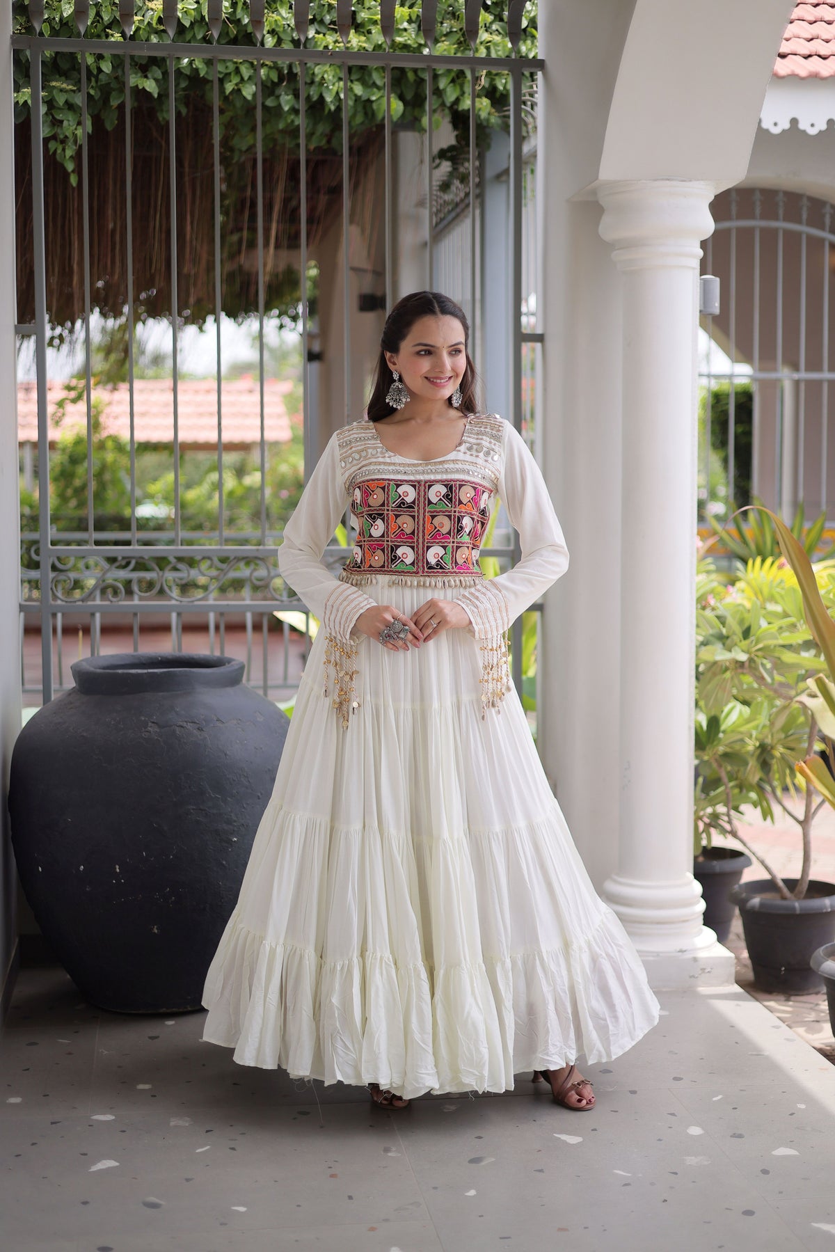 White Kutchi Patch Work Tiered Ethnic Gown for Women