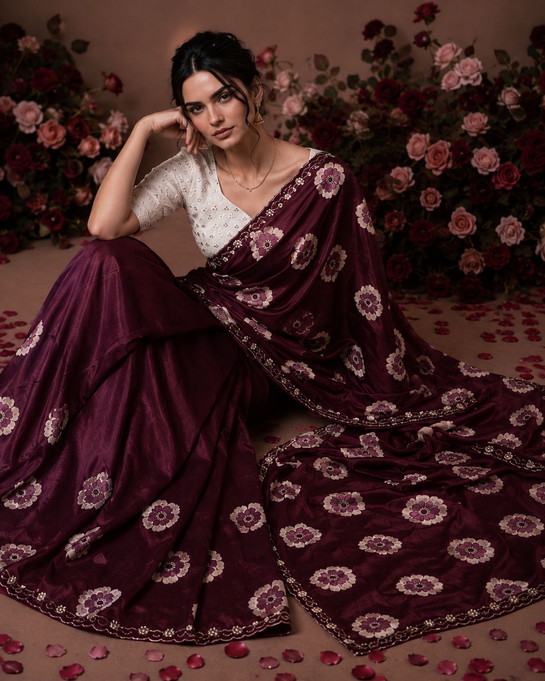 Maroon Floral Printed Chiffon Saree