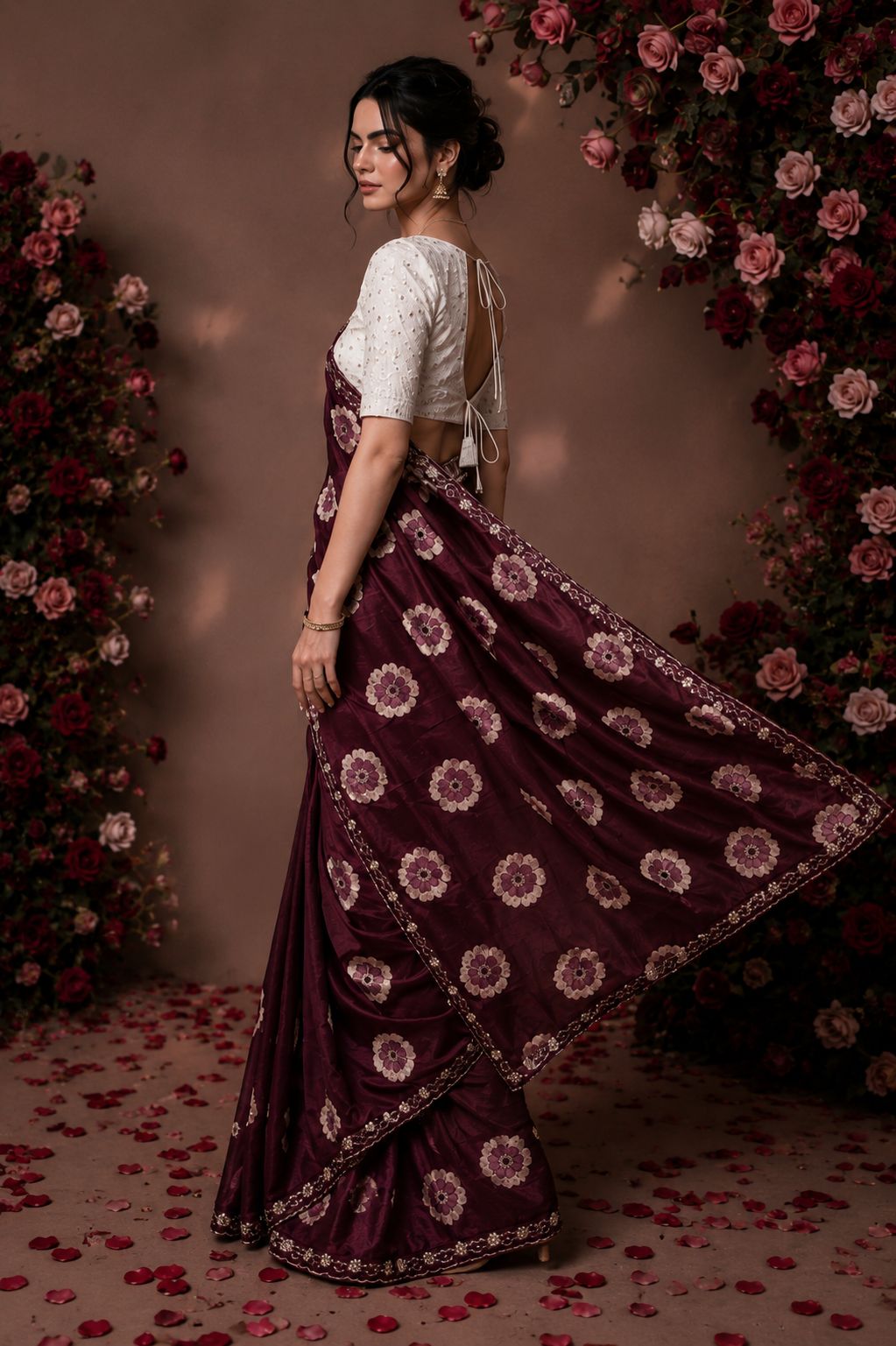Maroon Floral Printed Chiffon Saree