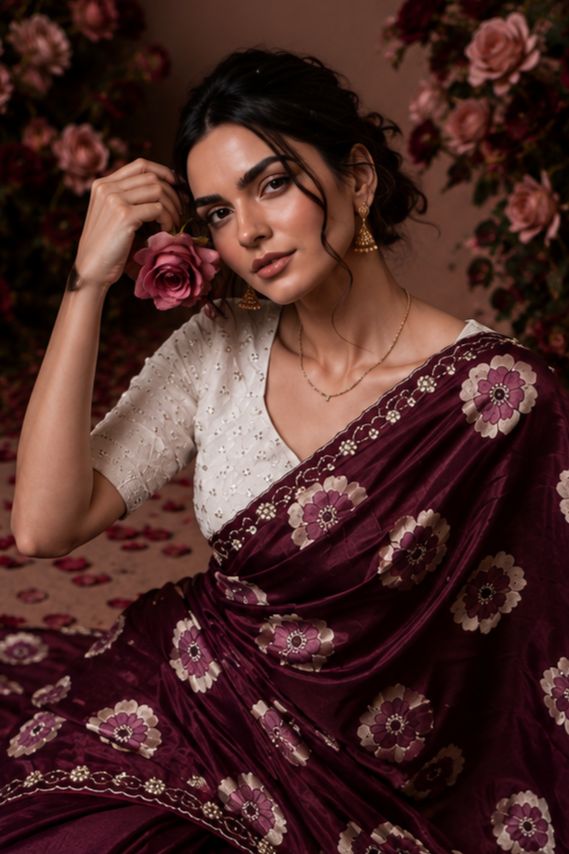Maroon Floral Printed Chiffon Saree