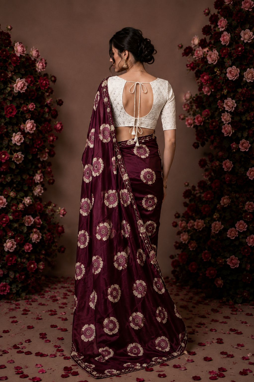 Maroon Floral Printed Chiffon Saree