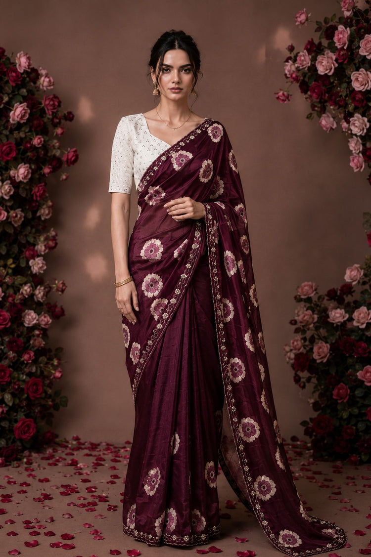 Maroon Floral Printed Chiffon Saree