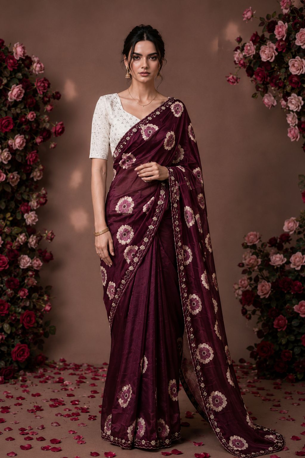 Maroon Floral Printed Chiffon Saree