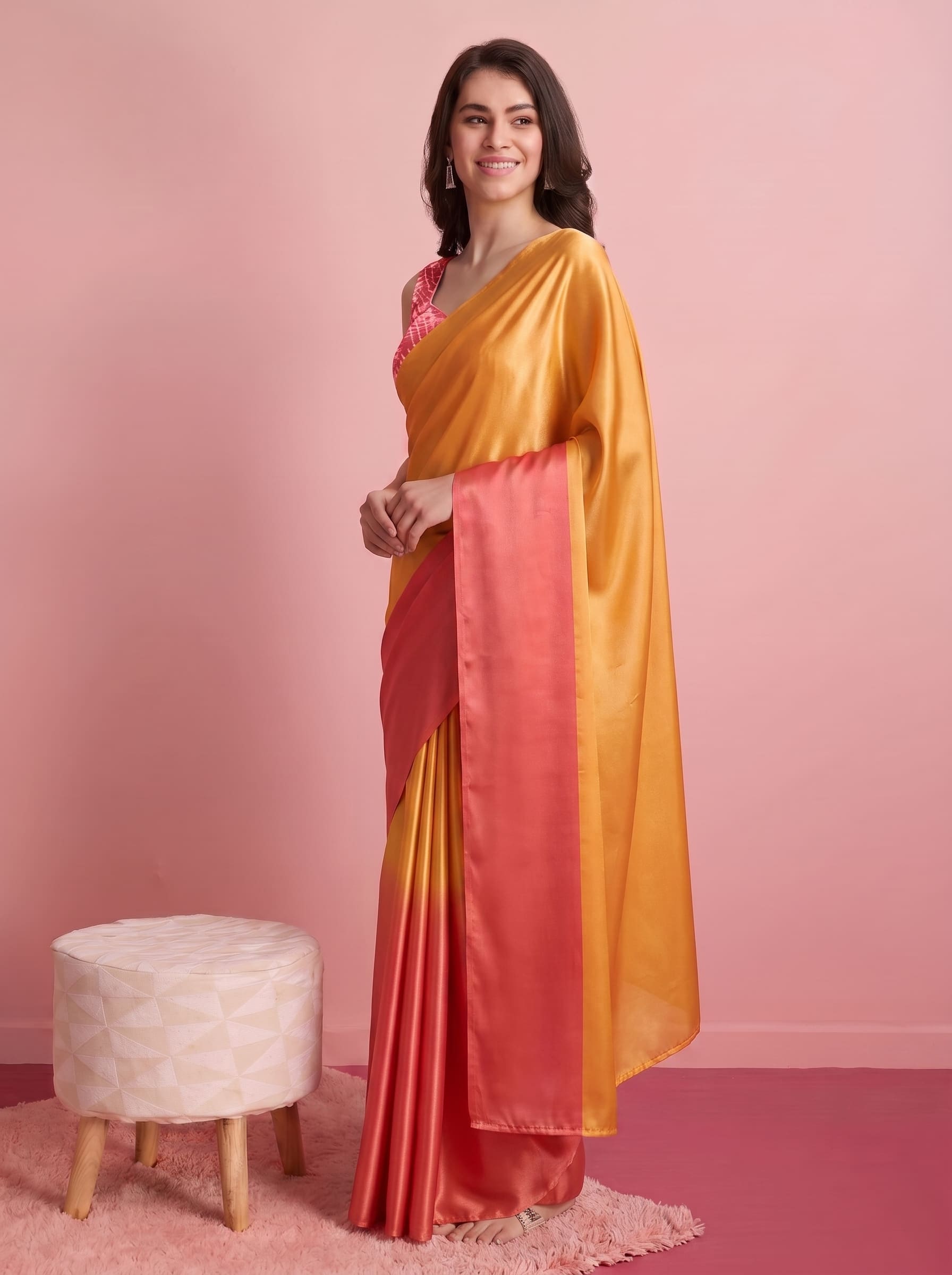 Premium Orange Satin Draped Designer Saree