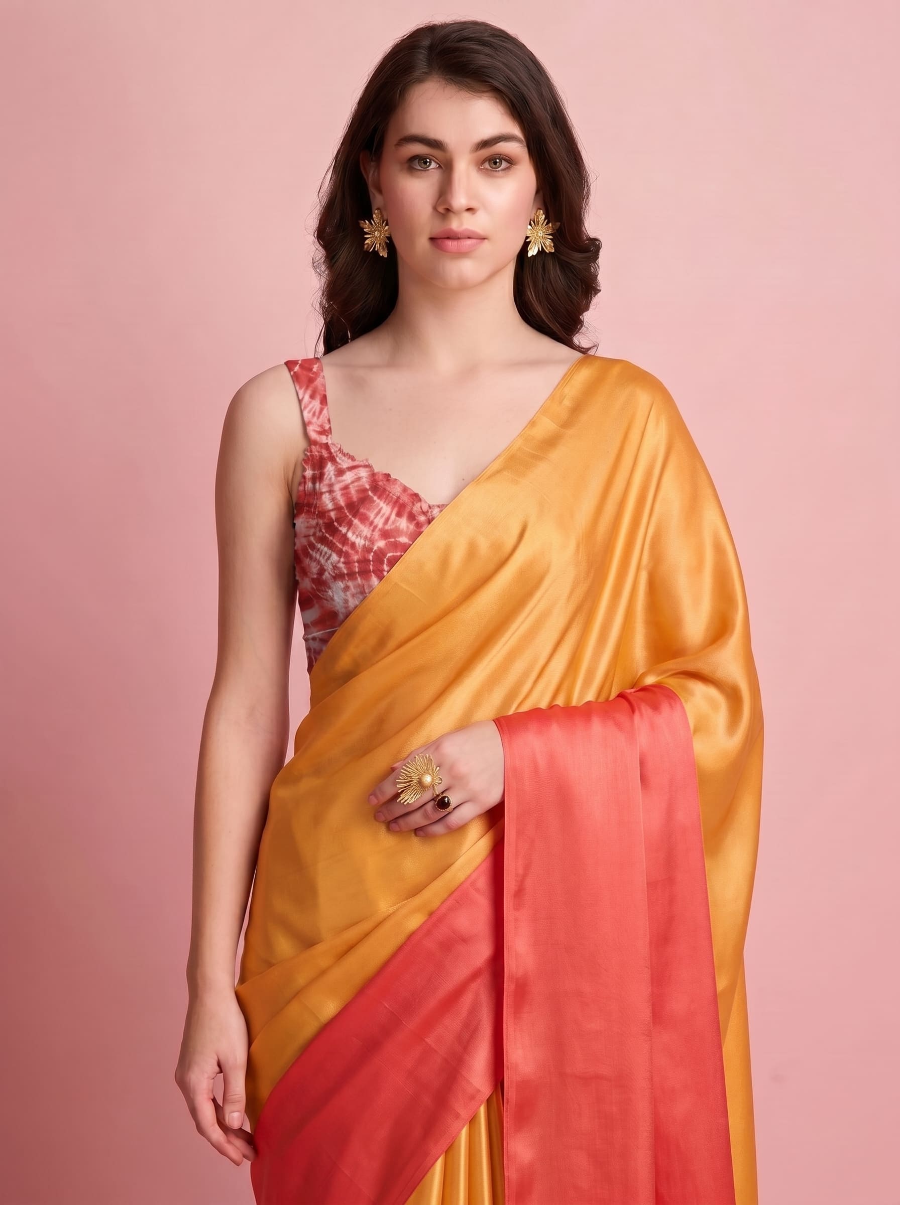 Premium Orange Satin Draped Designer Saree