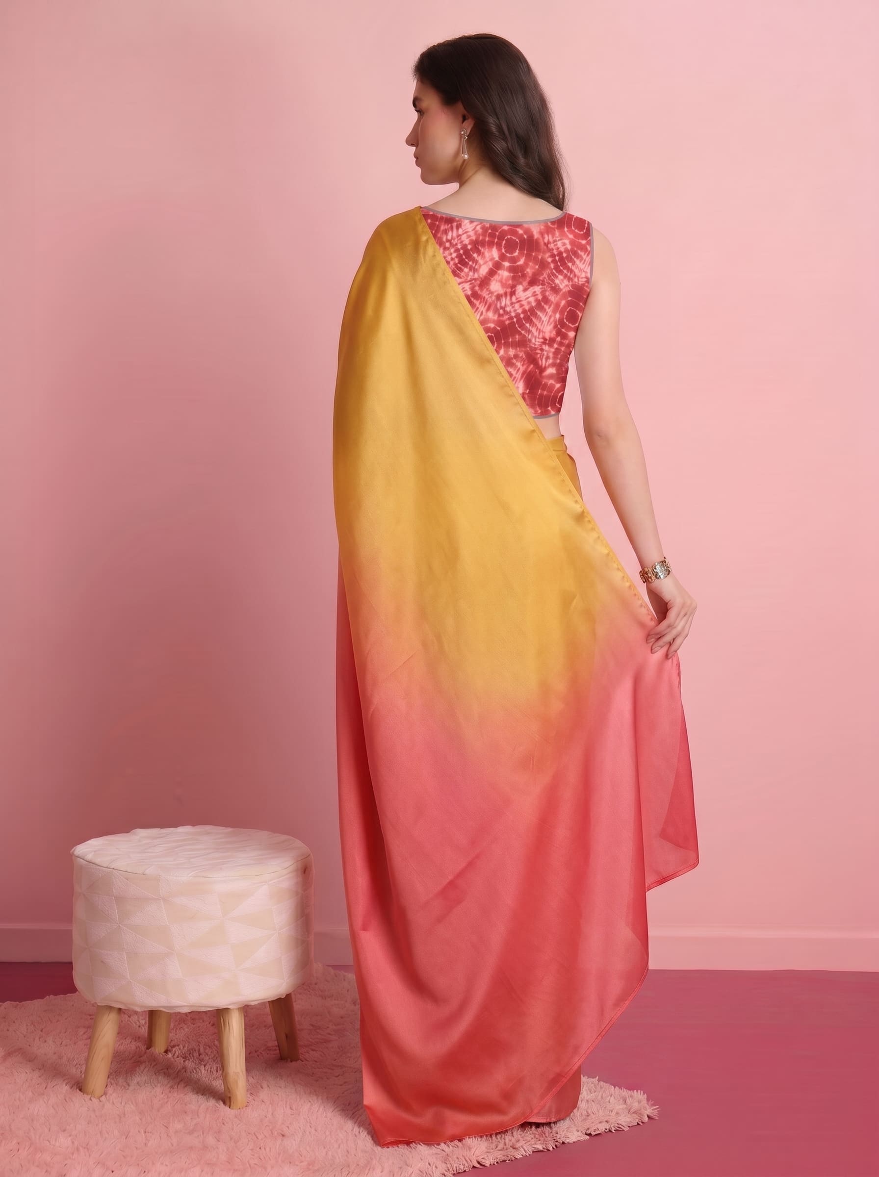 Premium Orange Satin Draped Designer Saree