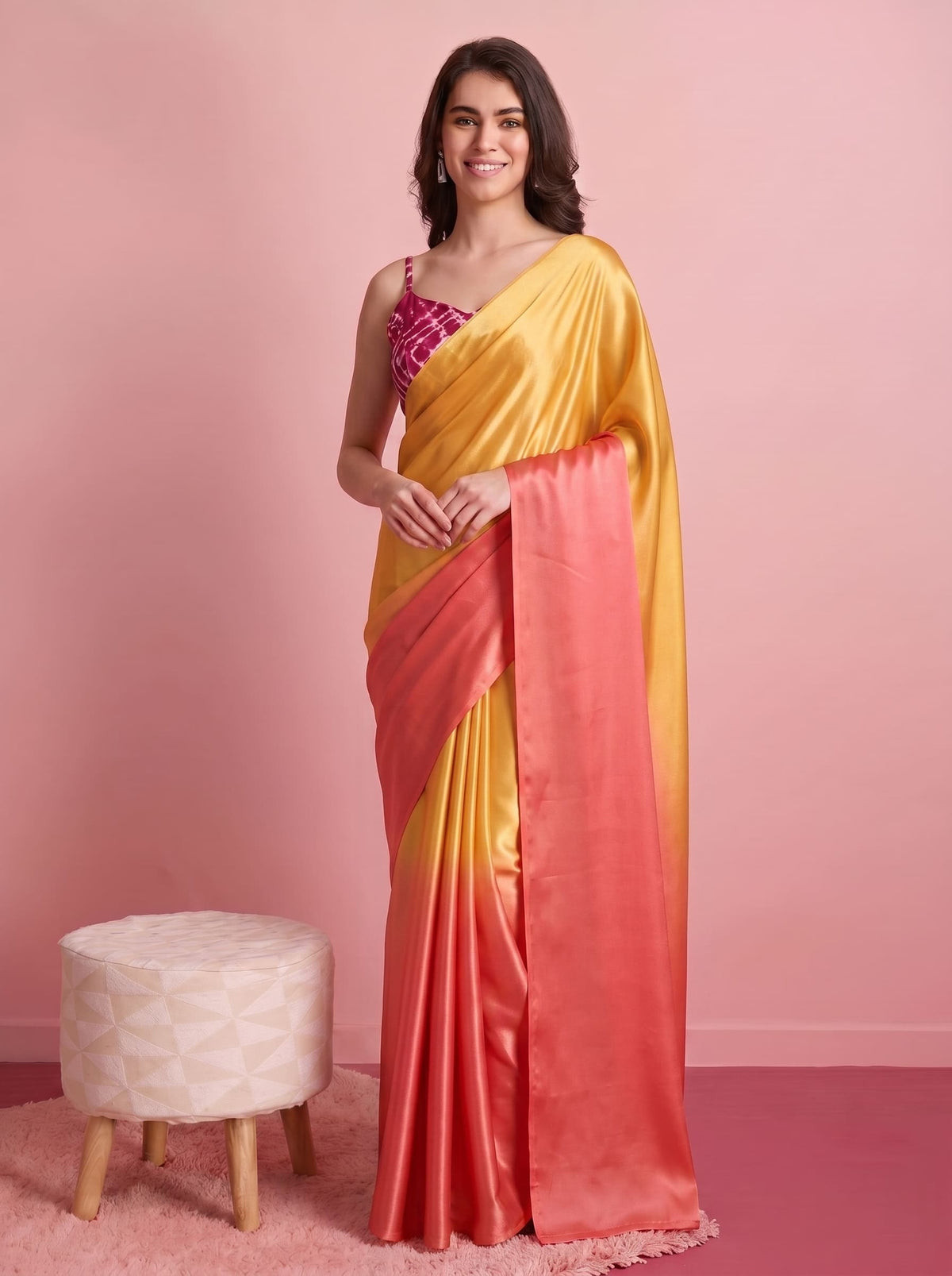 Premium Orange Satin Draped Designer Saree