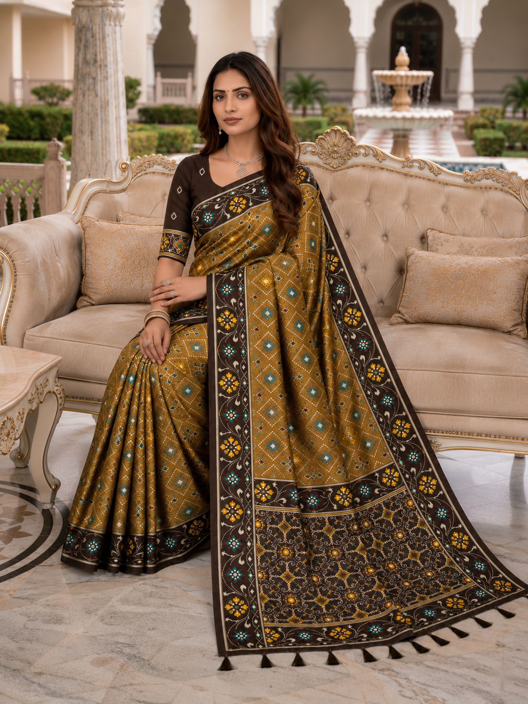 Brown Patola Silk Woven Meenakari Jacquard Saree
