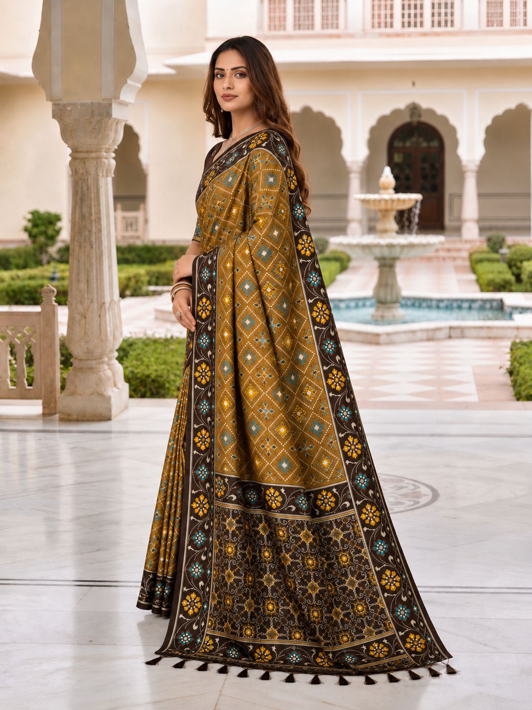 Brown Patola Silk Woven Meenakari Jacquard Saree