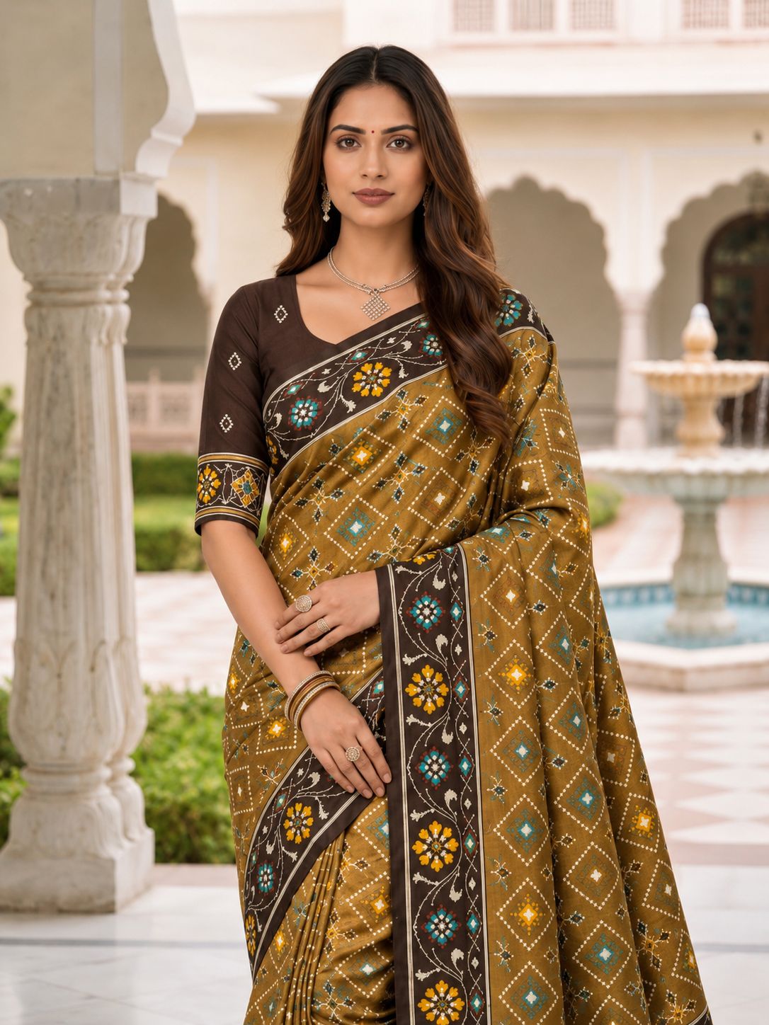 Brown Patola Silk Woven Meenakari Jacquard Saree
